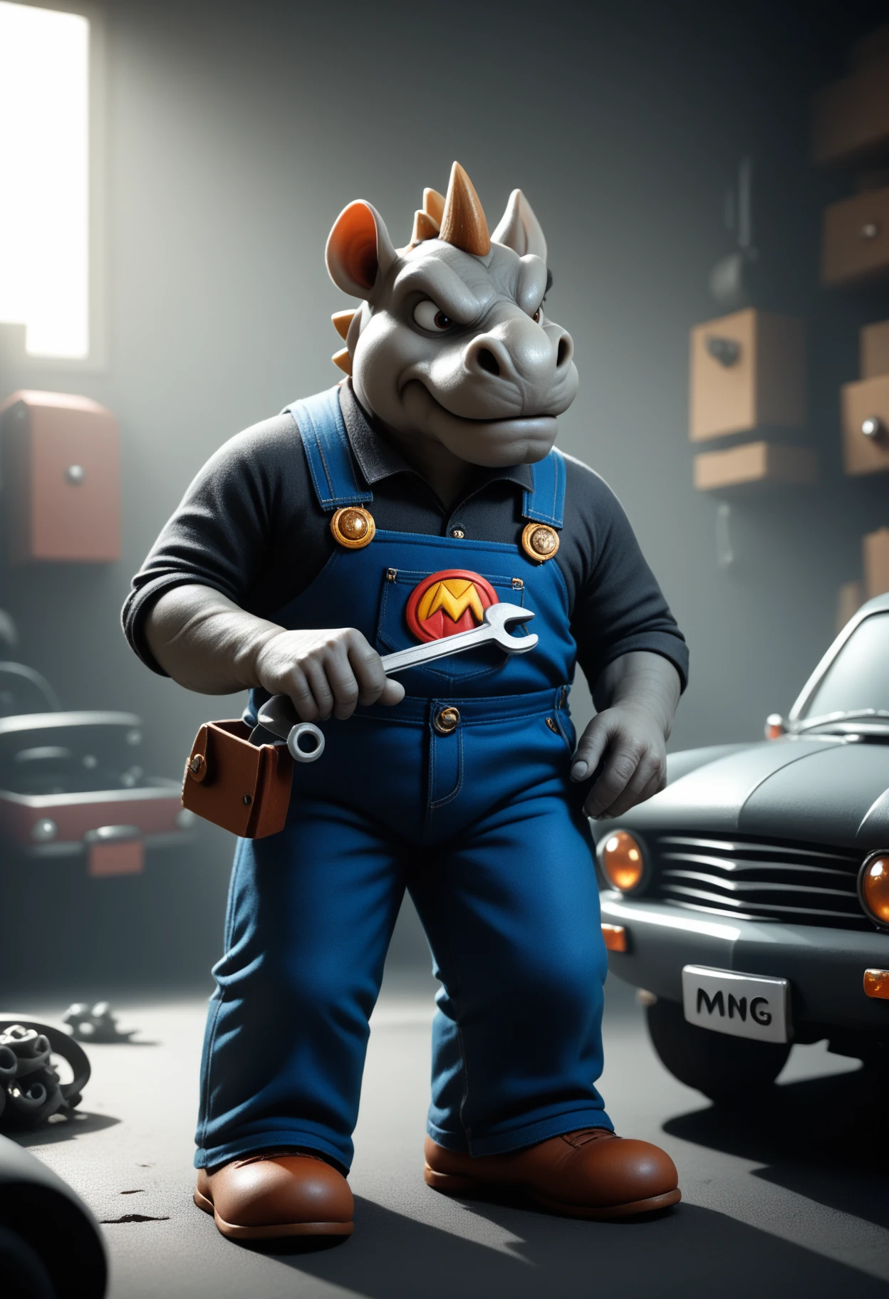 mariorpgstyle, safe_pos, score_9, score_8_up, score_7_up, 1boy, solo, anthro, rhino, 1horn, grey skin, large, solo, mechanic, coveralls, holding, wrench, car, fixing, engine, garage