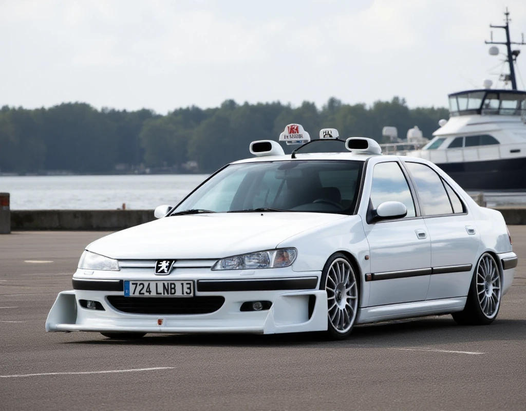 A completely sporty white Peugeot 406 lowrider taxi with two air intakes on the roof is parkedin front of a harbor in the background. the licence number is "724 LNB 13"
 <lora:406:0.9>