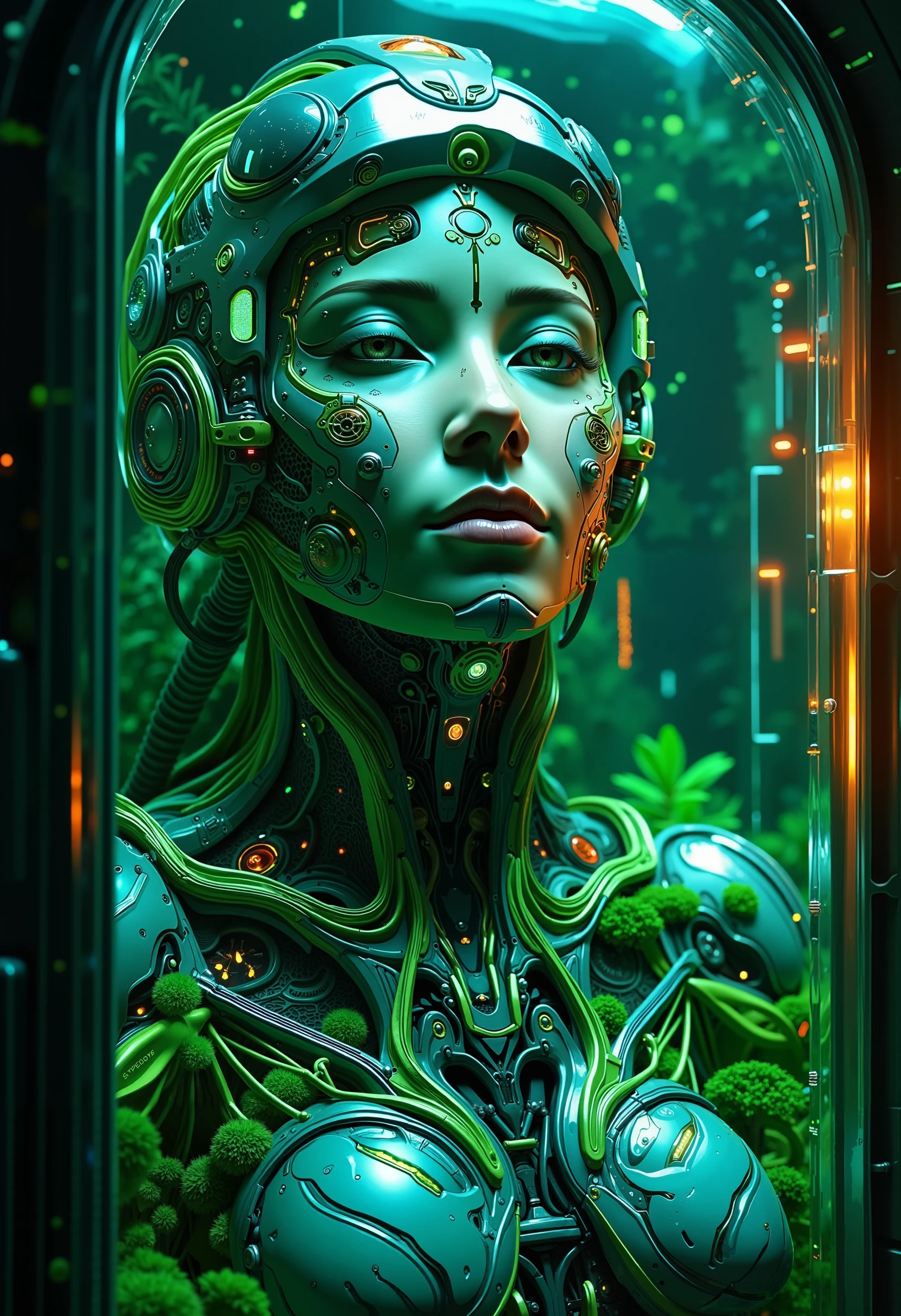 Ultra High Resolution portrait of a young woman encased in a futuristic cryo-chamber, her face illuminated by the soft glow of holographic interface displays projected onto the glass. She wears a complex cybernetic headpiece partially embedded into her skin, blending seamlessly with her human features, as if in deep stasis or dreamlike suspension. Green and orange digital readouts and symbols surround her, casting an ethereal, otherworldly light on her peaceful expression. The background reveals subtle reflections of machinery and organic textures, hinting at a mysterious environment that fuses nature and technology. The overall mood is haunting yet serene, with rich hues of emerald green, deep blues, and hints of amber, encapsulating a sci-fi, nature-cyberpunk aesthetic. bo-naturepunk, naturecyberpunk, greenpunk.<lora:FLUX Naturepunk\bo-naturepunk-000012.safetensors:1.0:1.0>