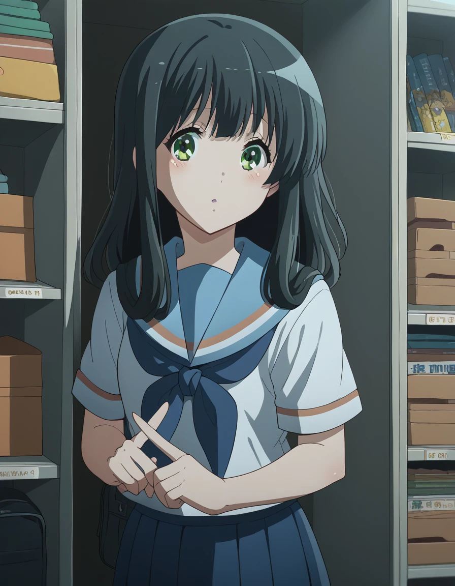 score_9, score_8_up, score_7_up, source_anime, <lora:sari-yoshii-s3-ponyxl-lora-nochekaiser:1>, sari yoshii, long hair, bangs, black hair, green eyes,, skirt, shirt, school uniform, white shirt, short sleeves, pleated skirt, serafuku, sailor collar, blue skirt, neckerchief, blue sailor collar, school bag, blue neckerchief, kitauji high school uniform,, warehouse, storage, shelves, boxes, large, , <lora:x-fingers-ponyxl-lora-nochekaiser:1>, x fingers, blush, parted lips,, looking at viewer, solo,, dutch angle, cowboy shot