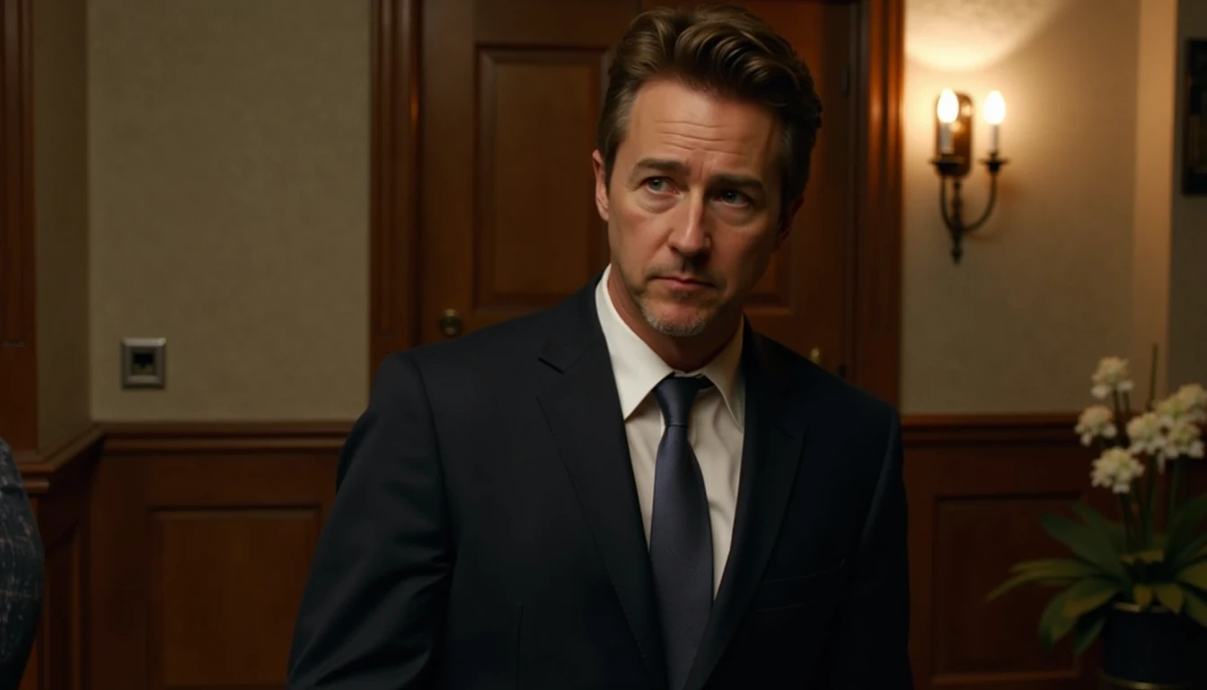 Edward Norton dressed elegantly in a room with soft light