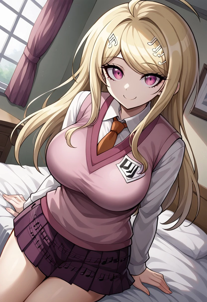 KaedeAkamatsuDRV3, ahoge, blonde hair, hair ornament, long hair, musical note, musical note hair ornament, pink eyes,
hair ornament, necktie, pleated skirt, school uniform, skirt, sweater vest,
indoors, bed, bed room, on side,
looking at viewer, dutch angle, cowboy shot, cute, smile, big breasts