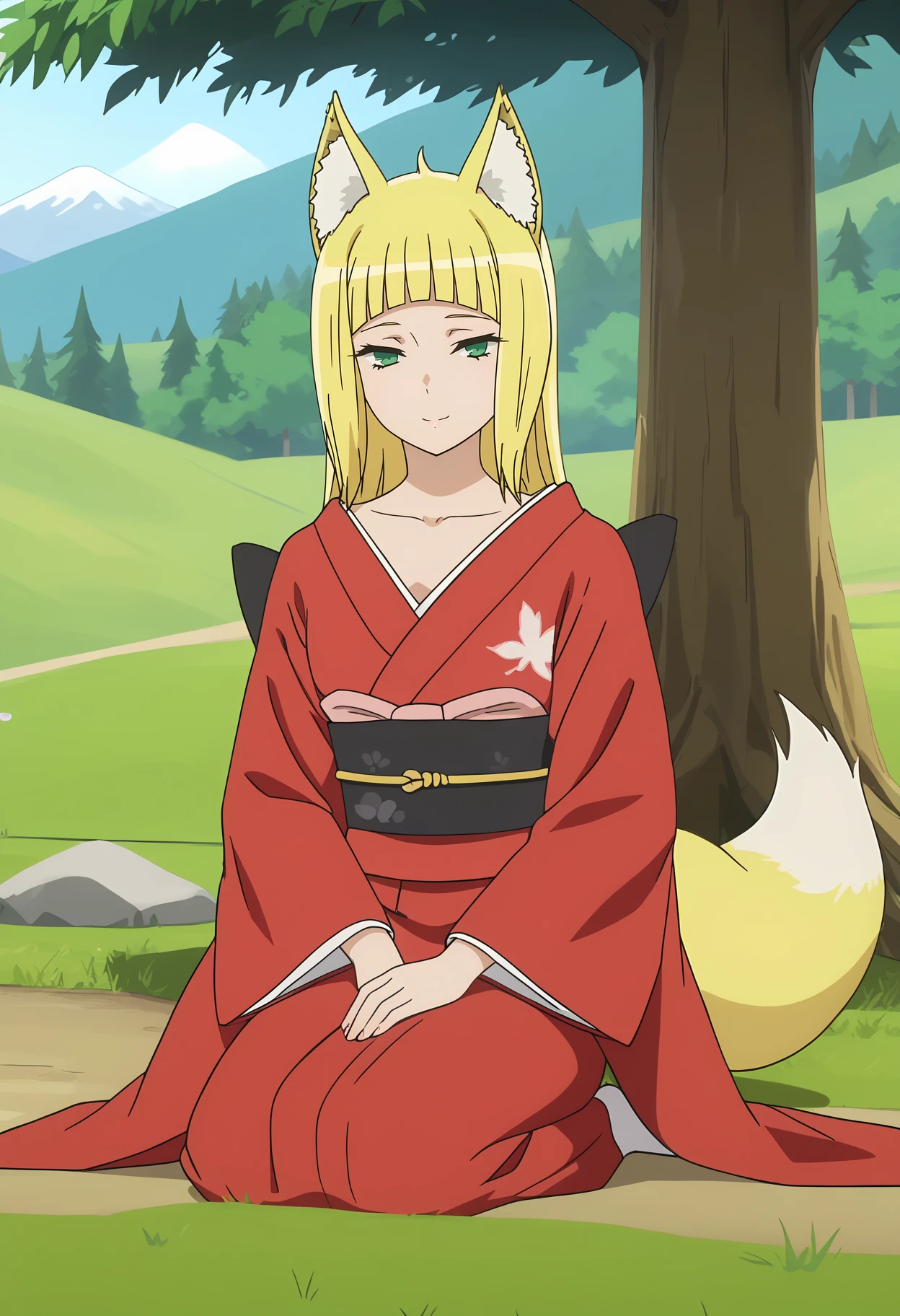 score_7_up, anime screencap,
<lora:DanMachi_HaruhimeSanjounoXL:0.9>,
1girl, closed mouth, light smile,
long hair, blonde hair, blunt bangs, green eyes, animal ears, fox tail,
HaruhimeKimono, red kimono, print kimono, floral print, collarbone, black sash, long sleeves,
kneeling, sitting, on ground, looking at viewer,
under tree, scenery, mountains, grass, tree, falling leaves