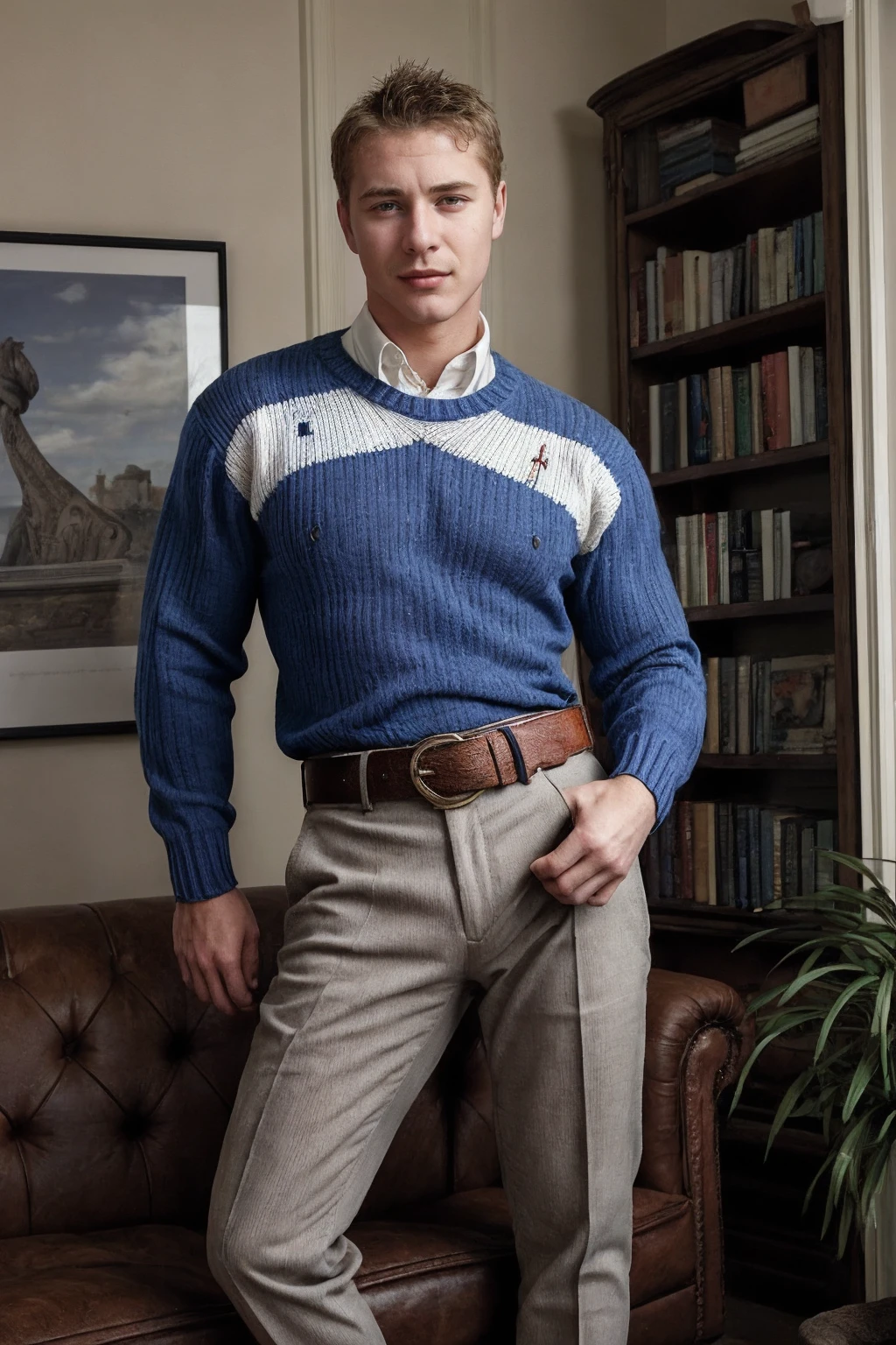 brochure, english text, books, <lora:cf_dru_epoch_7:0.8> cf_dru wearing blue layered bold-striped knit sweater and chinos and loafers, vintage belt, Ralph Lauren editorial, relaxed confidence, (smirk:0.5), rim lighting <lora:Rembrandt Lighting style SD1.5:0.5>, wide angle, (indoor plant:0.5)