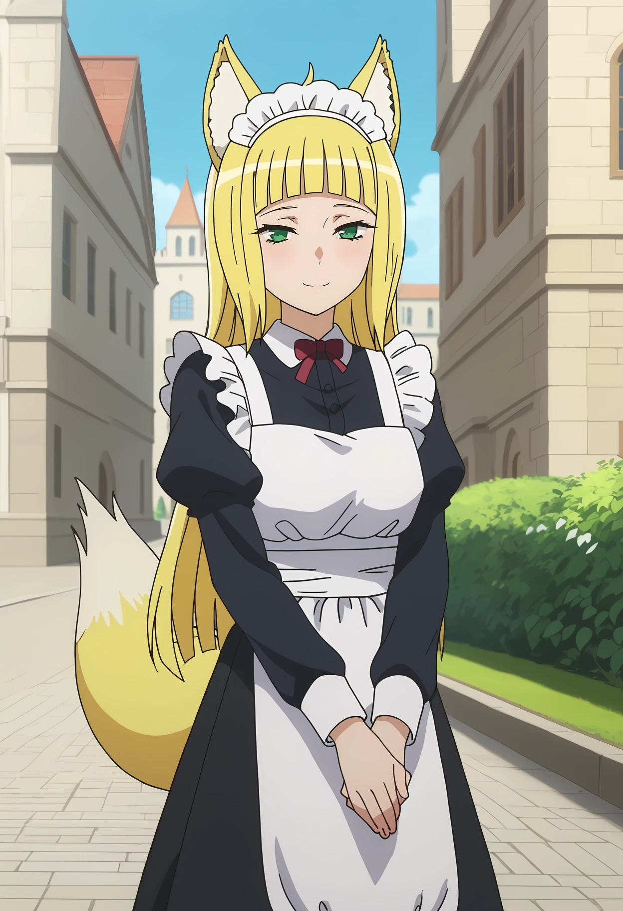 score_7_up, anime screencap,
<lora:DanMachi_HaruhimeSanjounoXL:0.9>,
1girl, closed mouth, light smile,
long hair, blonde hair, blunt bangs, green eyes, animal ears, fox tail,
HaruhimeMaid, maid headdress, white apron, frills, black dress, red bowtie,
v arms, own hands together, standing, looking at viewer,
medieval, city, outdoors, blue sky