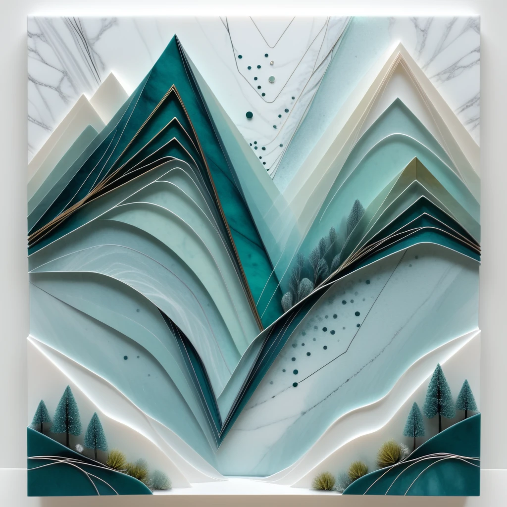 geometric nature print, hill, lines, resin, paper, illusionism style, Depth of Field, minimalist colors, marble pattern, dot art effect, stitching accents, modular structure, patinated metal texture, powdery finish  <lora:artfully_SOFTSUBTLE:1>, soft and subtle,