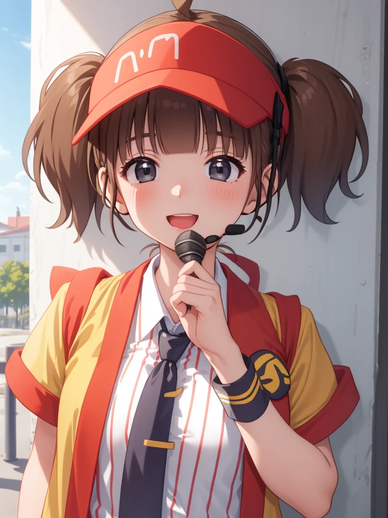 ((masterpiece)),(best quality),official art,extremely delicate and beautiful,extremely detailed CG,unity 8k wallpaper,ultra detailed,beautiful detailed eyes,extremely detailed face,outdoors,1girl,solo,upper body,(portrait:1.5),looking at viewer,facing viewer,smile,blush,Double Cheese,ahoge,headset,microphone,visor cap,red headwear,long hair,brown hair,short twintails,blunt bangs,black eyes,employee uniform,yellow jacket,open jacket,black necktie,collared shirt,white shirt,vertical-striped shirt,badge,short sleeves,wristband,medium breasts,shirt tucked in,black shorts,short shorts,thighs,white socks,sneakers,<lora:Double Cheese(mcdonald's):1.6>,