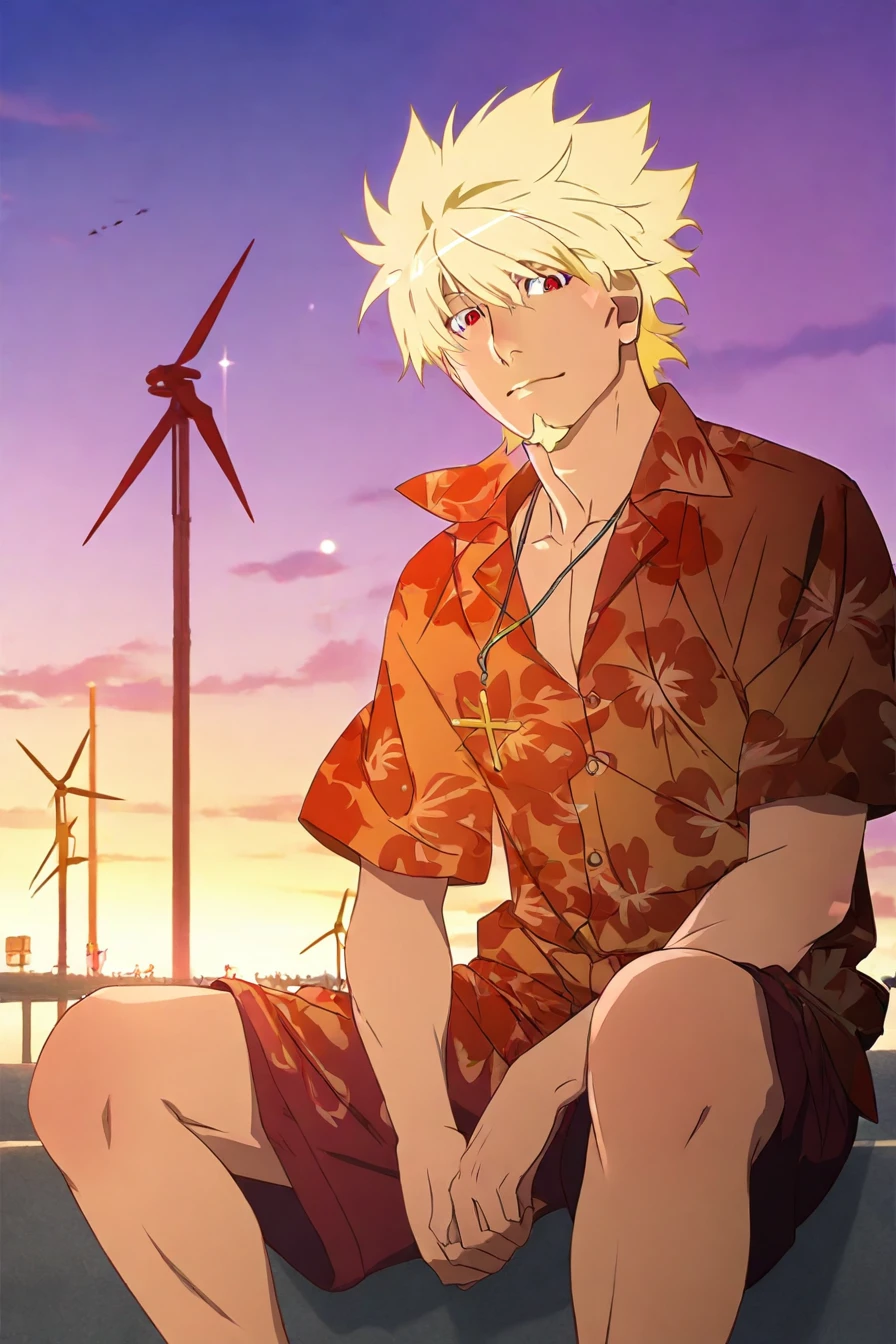 score_9, score_8_up, score_7_up, score_6_up, score_5_up, score_4_up, 1boy, blond hair, hawaiian shirt, cross necklace, short, mature man, goatee, <lora:monogatari_style_IllustriousXL:1>, floating hair, monogatari_style,  1girl, solo, alone, looking at the viewer, masterpiece, highres, highly detailed face, highly detailed shining eyes, symmetrical highly detailed eyes, sky, outdoor, sitting, wind turbine background