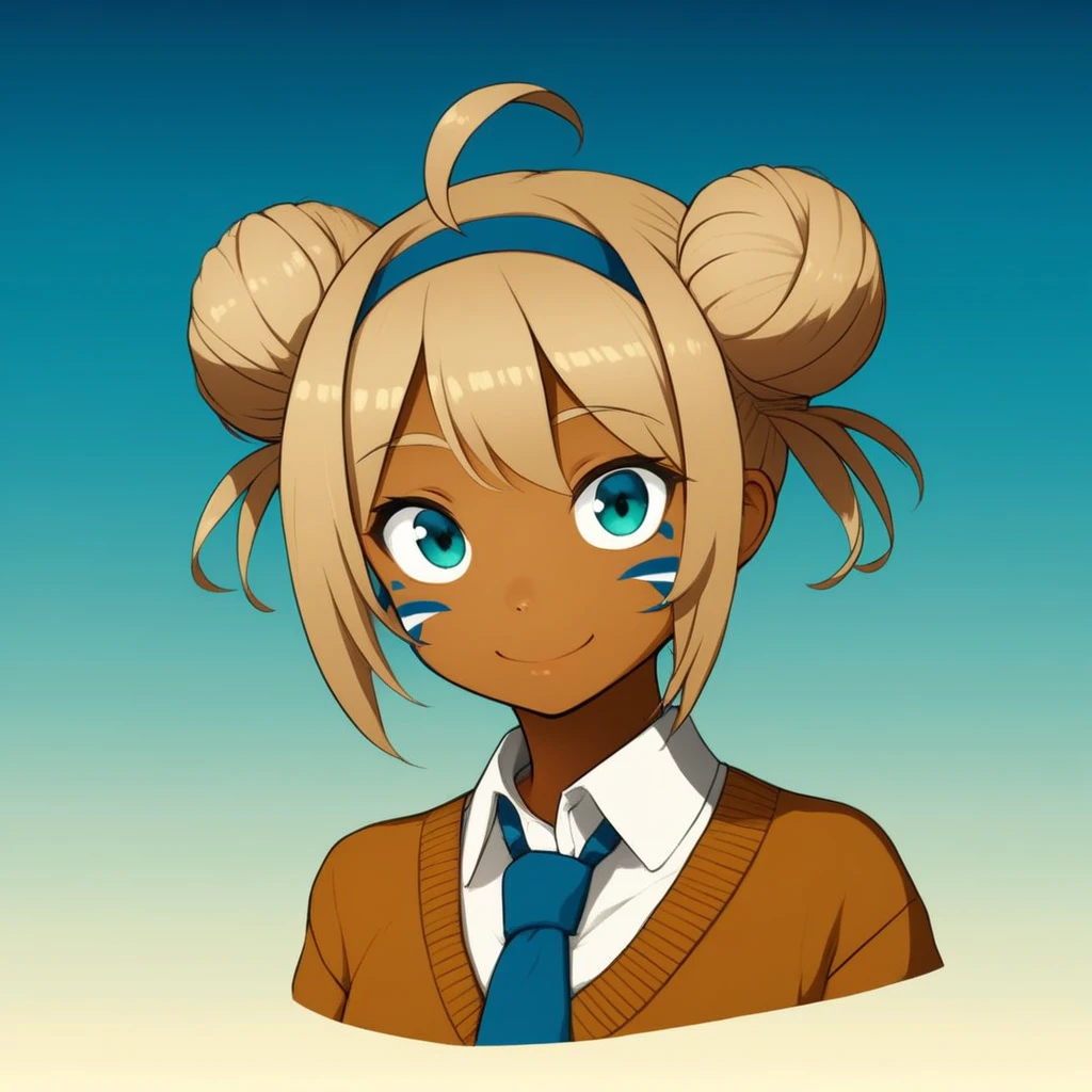 sweater, dark-skinned female, hairband, smile, cropped torso, facial mark, gradient background, necktie, double bun, ahoge