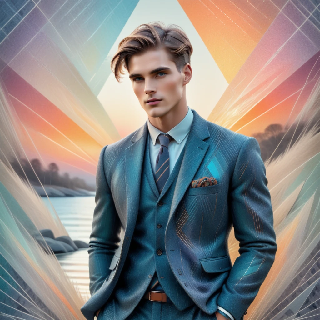 male model print, illustrative style, masculine, chalk, tweed, impressionism style, Atmospheric Depth, sunset tones, geometric pattern, solarized effect, vibrant highlights accents, wallpaper, textured paper texture, sparkling finish  <lora:artfully_SOFTSUBTLE:1>, soft and subtle,