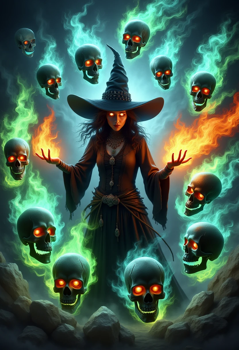 skelewitch, a witch, casting spell, with hands engulfed in fiery blaze, radiant glowing eyes, surrounded by swirling vortex of green and blue flame-formed skulls and skeletons, amidst ethereal aura, pulsing energy flow, and turbulent wind whispers,