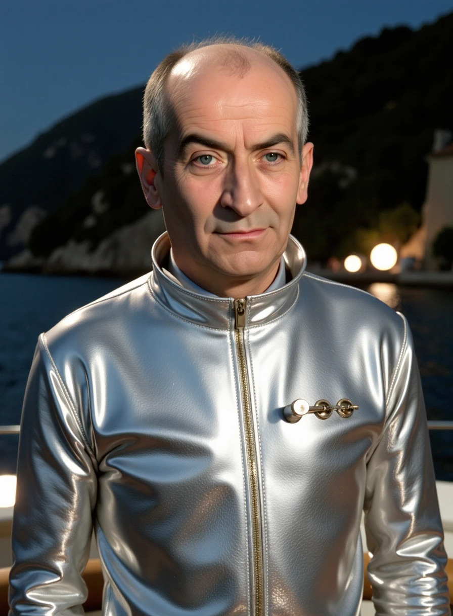 this photo is depicting legendary french actor Louis de Funes a man 49 years old (defunex) that play Inspector with an iconic suspicious facial expression, he is wearing a peculiar shiny metalic astronaut space suit, chasing fantomas, ridiculously silly scene, at night, near the coast of italy on a luxurious super yacht boat, party for the rich and famous is going on, a village can be seen on the coast in the background, at sea