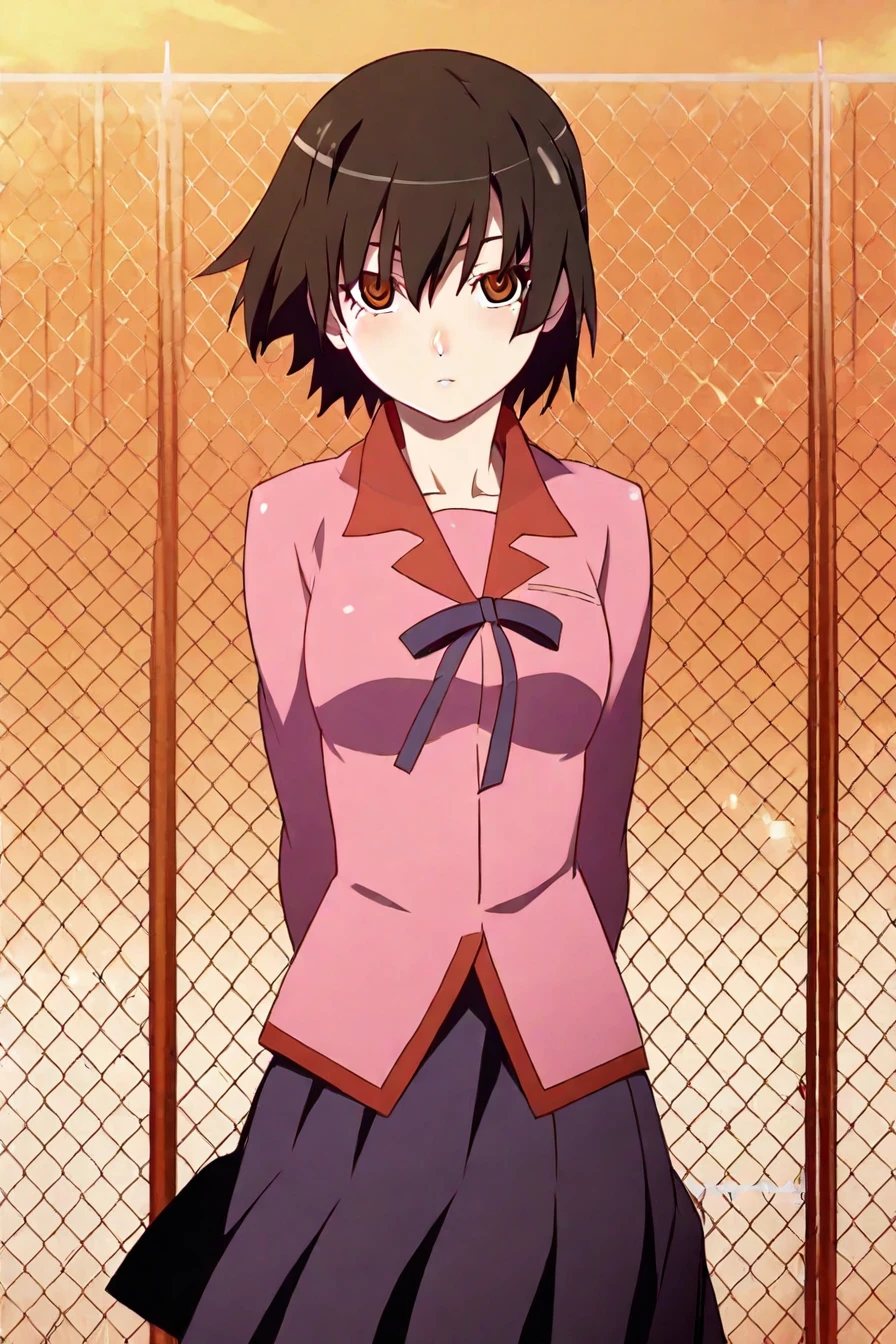 score_9, score_8_up, score_7_up, score_6_up, score_5_up, score_4_up,  <lora:monogatari_style_IllustriousXL:1>, monogatari_style,  1girl, standing, solo, alone, school uniform, naoetsu school uniform, warm orange hue theme, orange sky,  looking at the viewer, masterpiece, highres, highly detailed face, highly detailed shining eyes, symmetrical highly detailed eyes, fences