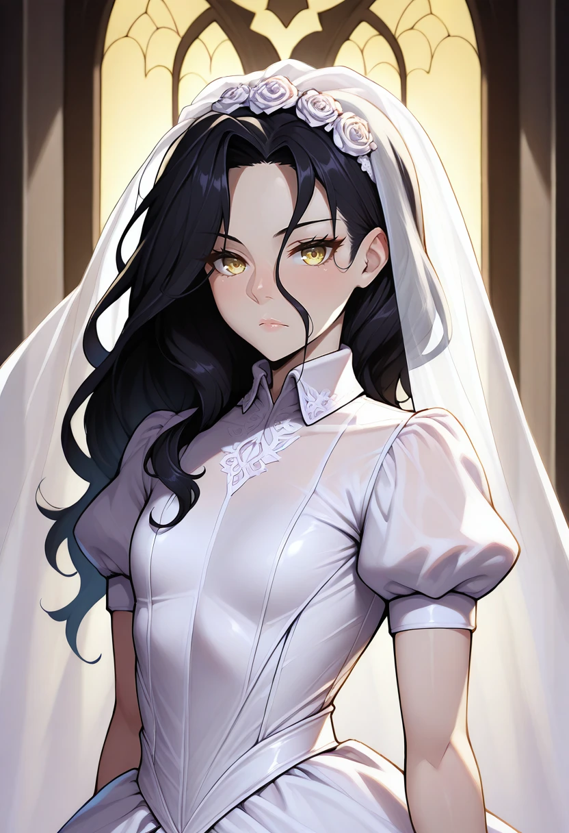 masterpiece, best quality, solo, androgynous,  <lora:NSLimstellaFE7Illu:1> NSLimstellaFE7, black hair, long hair, yellow eyes, wedding dress, bridal veil, looking at the viewer, expressionless, church, short sleeves, puffy sleeves