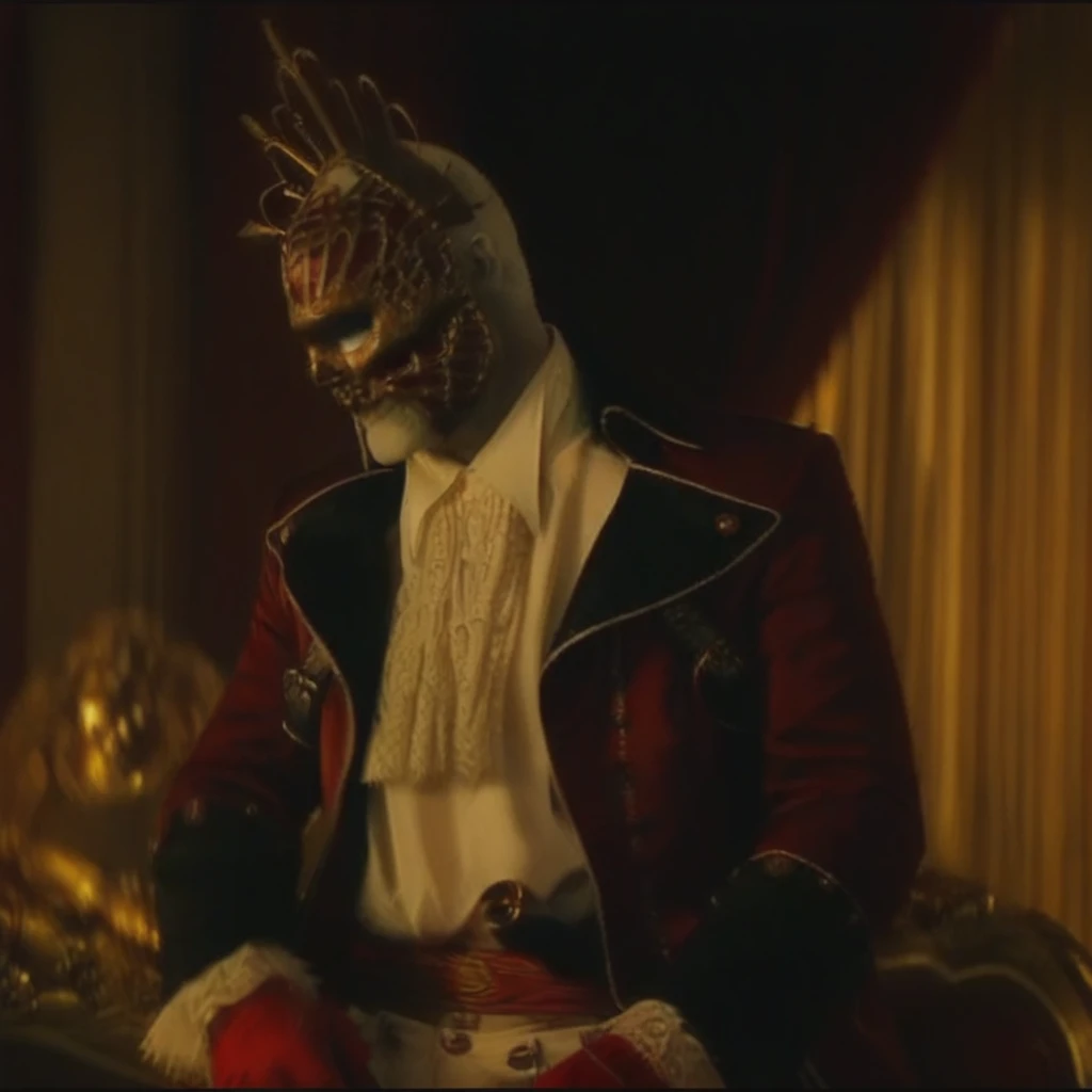 redjackdp, Red Jack sitting elegantly in a luxurious Victorian-style chair in a grand, dimly lit room. He wears a red military coat adorned with gold embroidery, black lapels, and a white ruffled shirt. His skeletal half-mask and spiked gold crown create a haunting presence. One white-gloved hand rests on the arm of the chair, while the other touches his red sash belt. He gazes forward with a dark, intense expression, his face partially in shadow. The background features heavy drapes and gothic decor, enhancing the ominous, regal atmosphere.