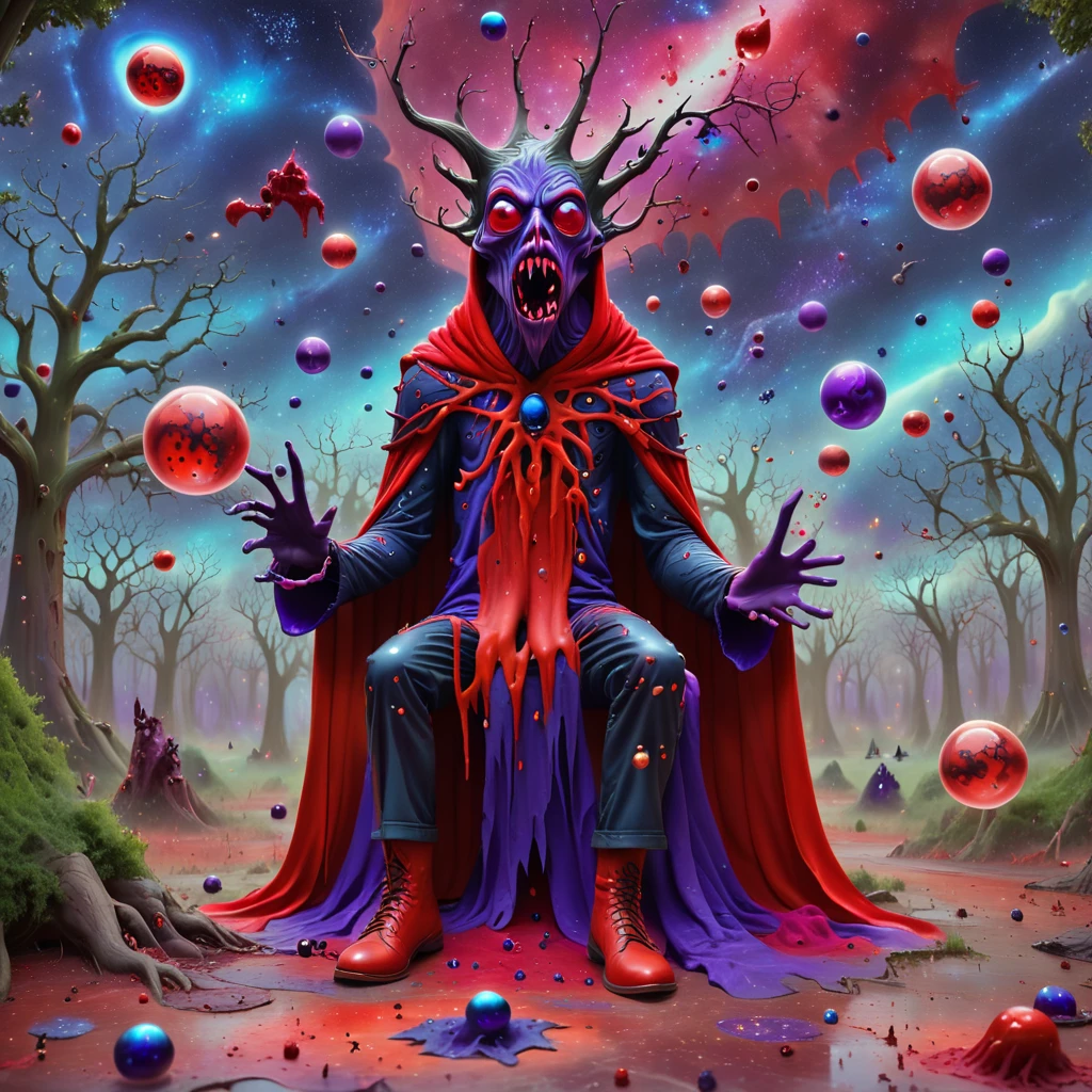 weapon, tongue, wings, animal, multiple boys, cosmic crazy creative colorful complex composition, tree, star (sky), blood, purple lips, bubble, red cape, eldritch abomination, Wacky, freckles, portrait, outdoors, makeup, long hair