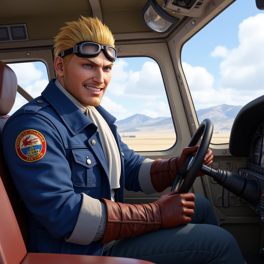 cidhighwind, rebirthcid, cid highwind, a picture of extreme detail and realistic, it shows rebirthcid in the cockpit of a small airplane, holding the steering wheel and flying the plane with a confident smile on his face, there is a patch on the left sleeve of his blue denim jacket and he is wearing goggles on his head, he is wearing leather aviator gloves and has a white scarf, the picture is extremely high resolution, 3d, outdoors, detailed background, airplane, blond hair, blue denim jacket, blue eyes, real life, realistic, goggles on head, grin, hair slicked back, highres, leather aviator gloves, light grey shirt, light skin, long sleeves, male, mature male, medium hair, muscular male, perfect body, perfect face, sfw, stubble, white scarf