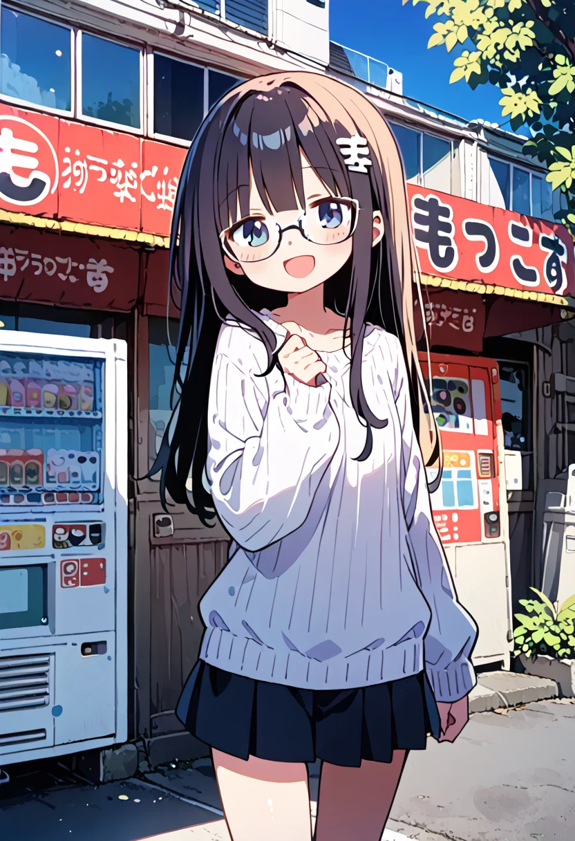 score_9, score_8_up, score_7_up, rating_safe, masterpiece, best quality, absurdres, unity 8k wallpaper, official art, official style, source_anime, uncensored, game cg, megami magazine,
1girl, solo, glasses, black hair, long hair, white ribbed sweater, happy, smile, looking at viewer, open mouth, solo focus, 
moccos, scenery, storefront, japan, outdoors, plant, vending machine, road, tree, car, sign, real world location, building, street, storefront, potted plant, close-up
 <lora:moccosu_pony_V1:1>