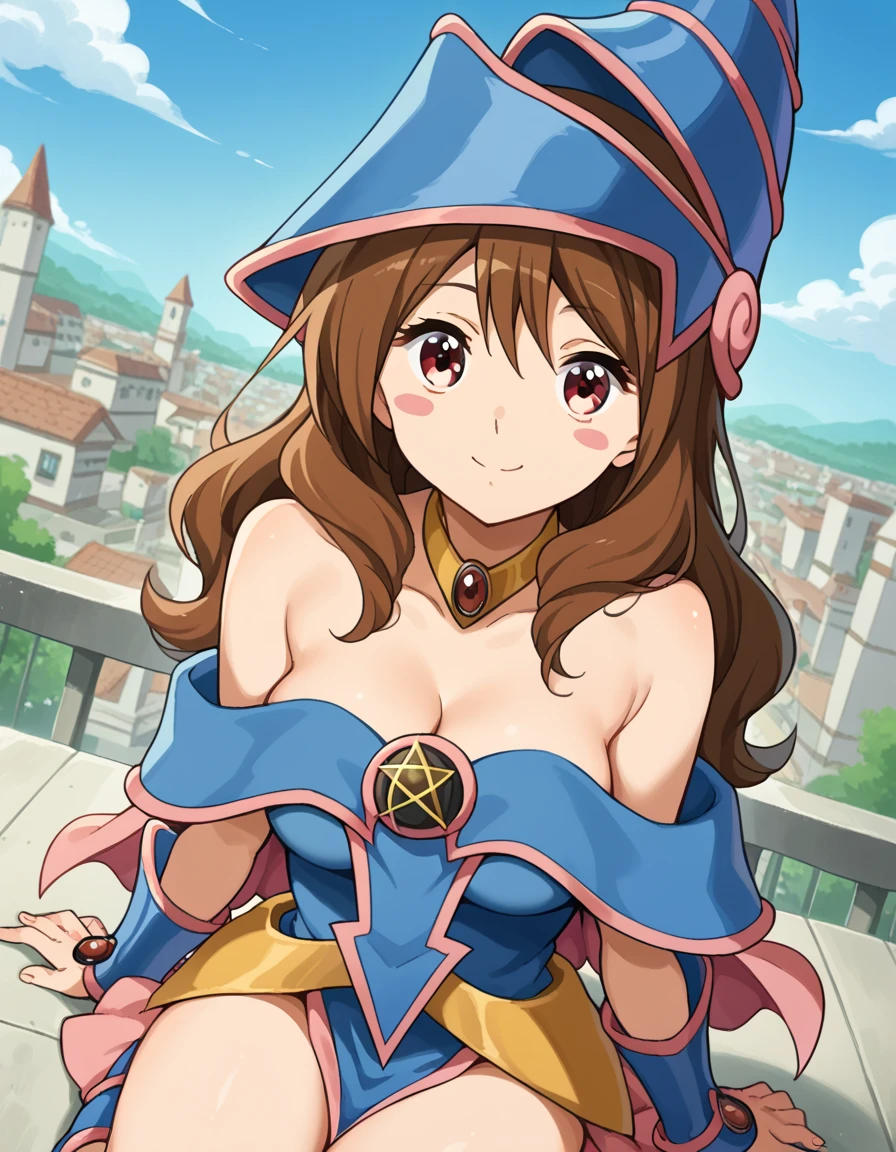 score_9, score_8_up, score_7_up, source_anime, <lora:mamiko-oumae-s2-ponyxl-lora-nochekaiser:1>, mamiko oumae, long hair, brown hair, red eyes, medium breasts,, <lora:dark-magician-girl-cosplay-ponyxl-lora-nochekaiser:1>, dark magician girl cosplay, dark magician girl (cosplay), bare shoulders, blue footwear, blush, blush stickers, cleavage, collarbone, duel monster, hat, off shoulder, pentacle, wizard hat,, outdoors, cityscape, sitting, smile, blush, cowboy shot, looking at viewer, , dutch angle, cowboy shot