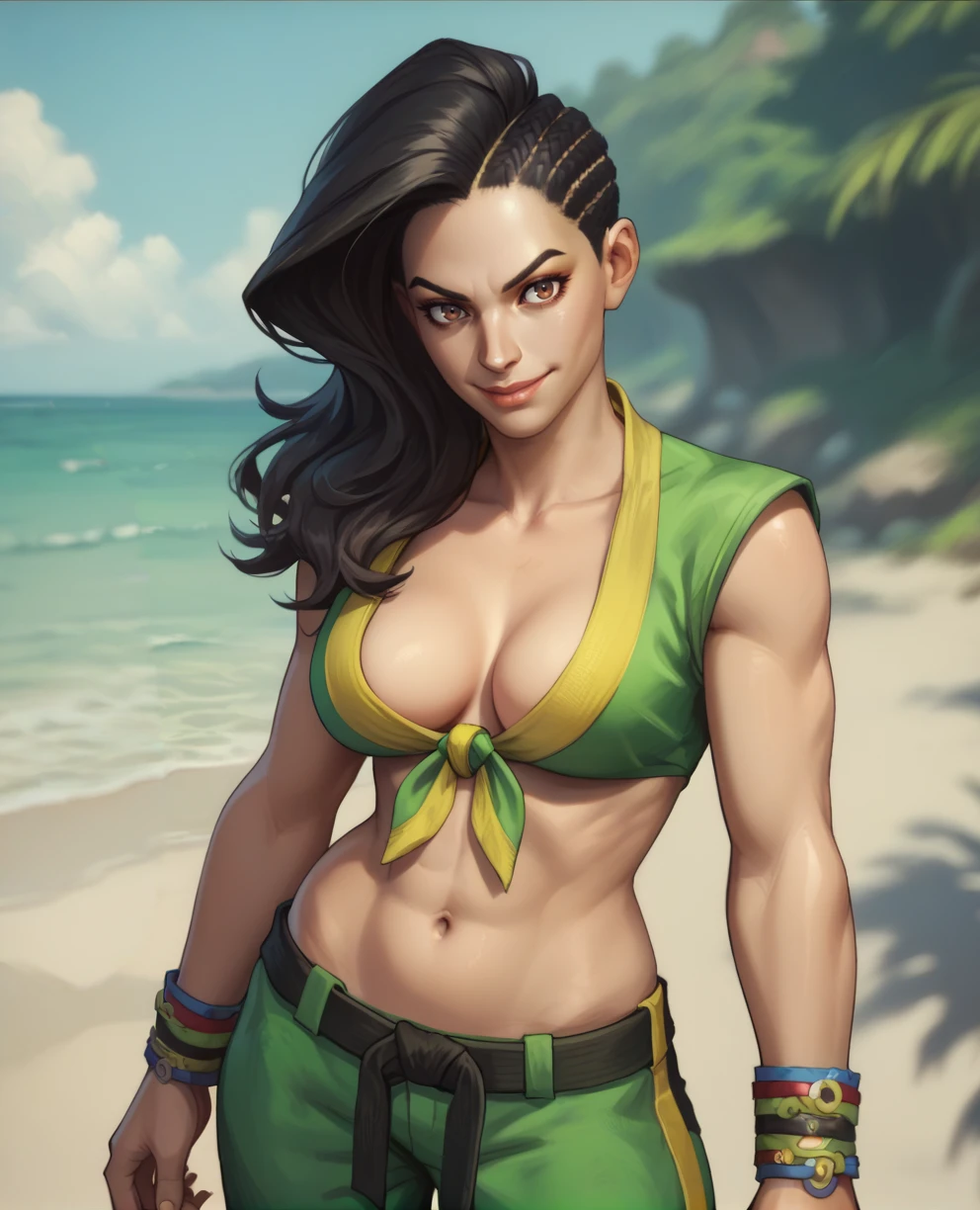 score_9,score_8_up,score_7_up,score_6_up,score_5_up,score_4_up,
matsudaxl,black hair,brown eyes,asymmetrical hair,
front-tie top,bracelet,pants,navel,belt,green and yellow attire,
standing,upper body,
beach,dusk,smile,solo,
<lora:lauramatsudaxl:0.8>,