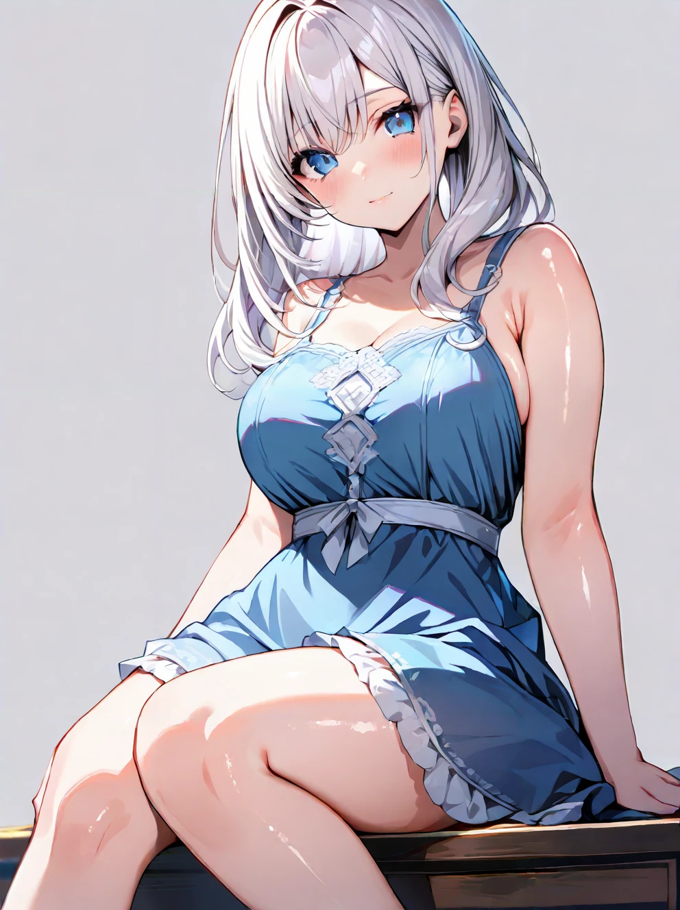 masterpiece,ultra-detailed,best quality,8K,illustration,cute face,clean skin ,shiny hair,girl,large breasts,ultra-detailed-eyes,simple background,white hair, blue eyes,blue dress <lora:pigeon-toed_illustrious_V1.0:0.8> uchimata, pigeon-toed,sitting