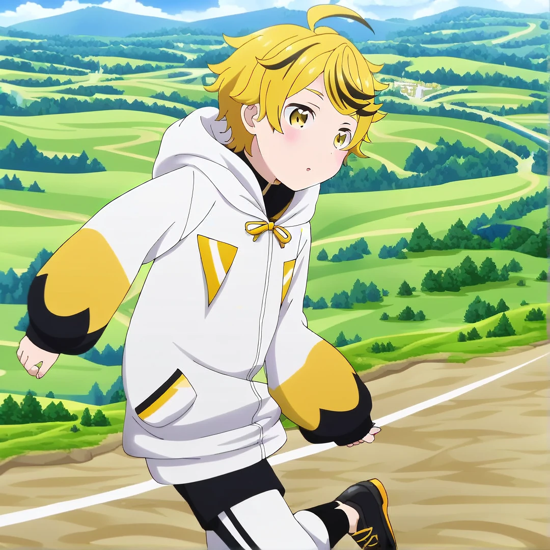 1boy, tall, adult, wears a white hoodie, white jogging pants, black shoes, multicolored hair, yellow hair, white hair, yellow eyes, cute face, yellow waistcoat with sleeves, beautiful scenery, solo, close up