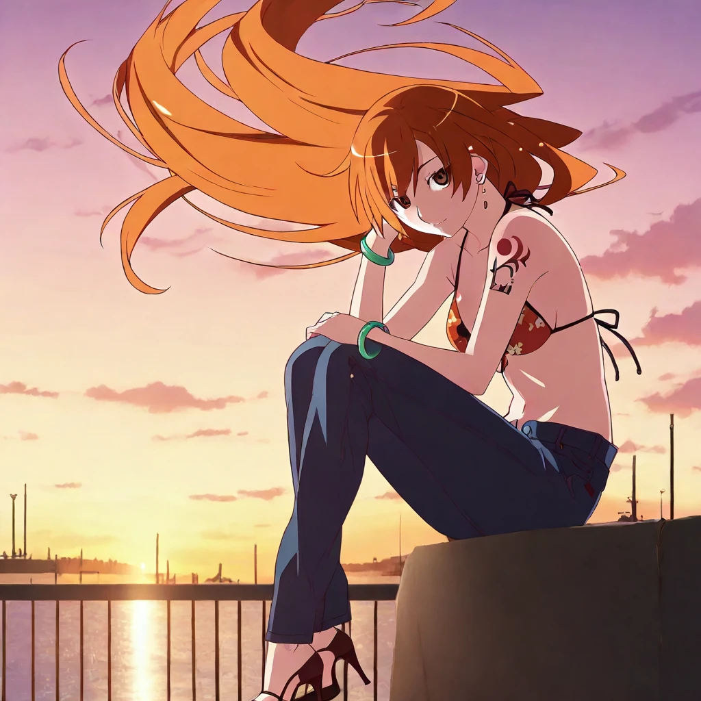 score_9, score_8_up, score_7_up, score_6_up, score_5_up, score_4_up,<lora:one-piece-nami-s15-ponyxl-lora-nochekaiser:0.8> , nami, long hair, orange hair, brown eyes,jewelry, swimsuit, bikini, earrings, pants, high heels, bracelet, denim, bikini top only, jeans, tattoo,<lora:monogatari_style_IllustriousXL:1>, floating hair, monogatari_style,  1girl, solo, alone, looking at the viewer, masterpiece, highres, highly detailed face, highly detailed shining eyes, symmetrical highly detailed eyes, sky, outdoor, sitting