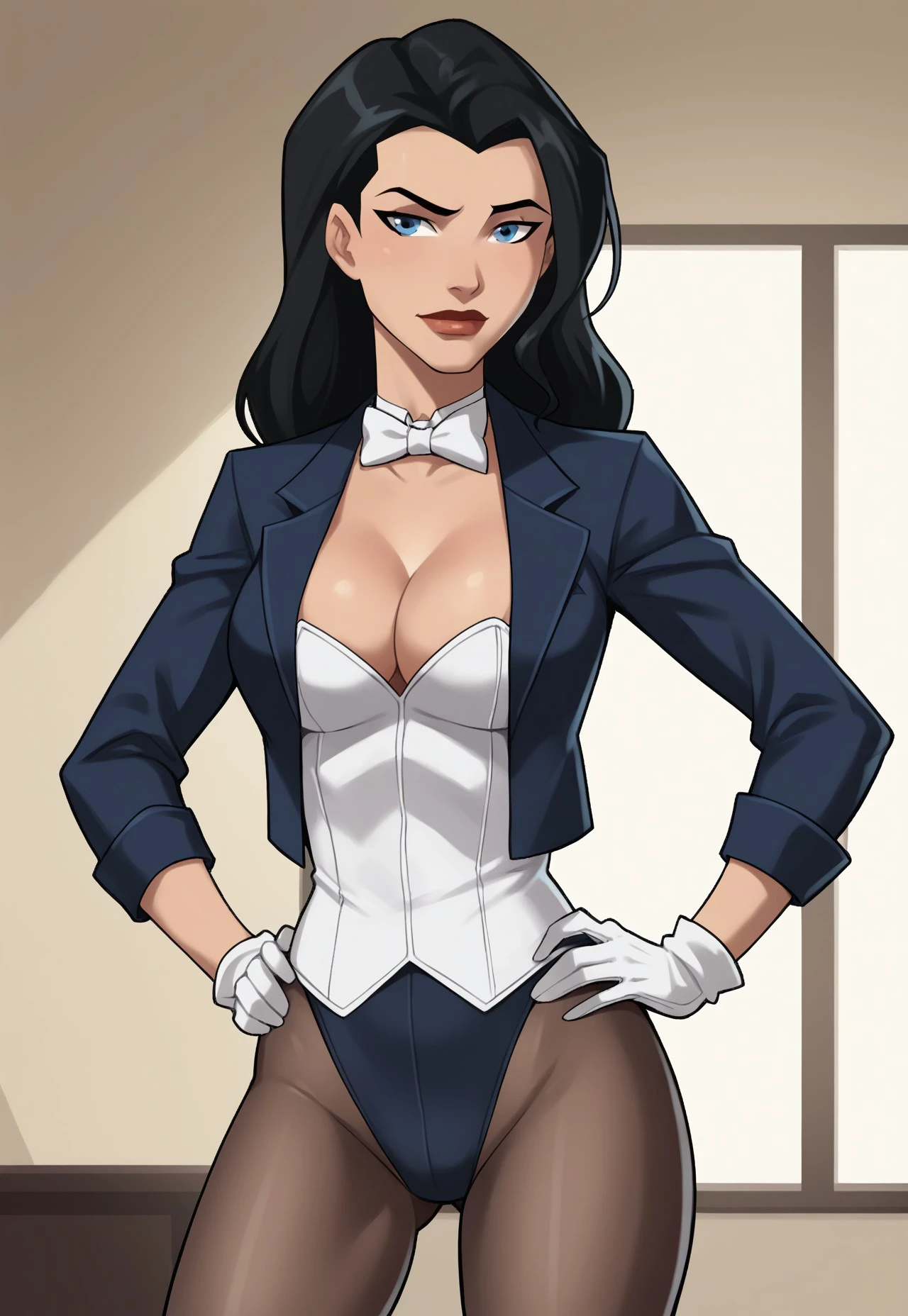 safe_pos, PonyXLV6_Scores BREAK ((parody style, parody), perfect anatomy, perfect eyes, cowboy shot), <lora:add_details_xl:0.8> BREAK <lora:Zatanna_-_Young_Justice:0.8> zatanna, black hair, blue eyes, flirting, raised eyebrow, ((looking back at viewer)), bowtie, cleavage, jacket, coattails, leotard, pantyhose, white gloves, curvy, toned, athletic, large breasts, standing, hands on hip, indoors