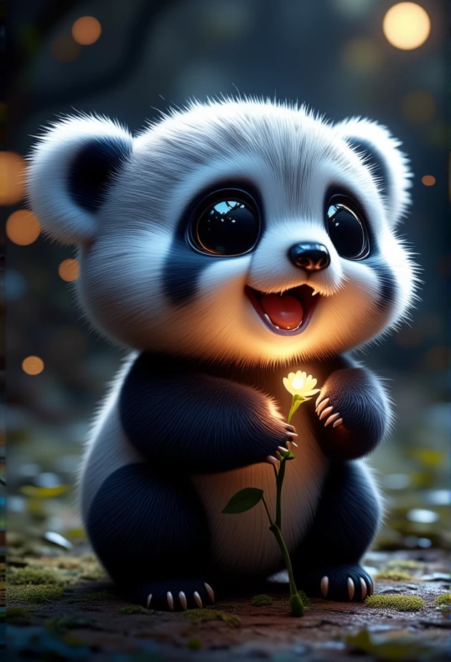 a miniature panda eating bamboo, bv-cutenh, holding a tiny glowing flower, captured from a side view, in a fantastical style, ultra-detailed, with vibrant, radiant colors and dramatic lighting that creates a sense of wonder, emphasizing extreme cuteness and charm with soft, rounded features, oversized, expressive eyes, and an enchanting atmosphere.<lora:bv-cuteness-enhancer-v1.safetensors:1.0:1.0>