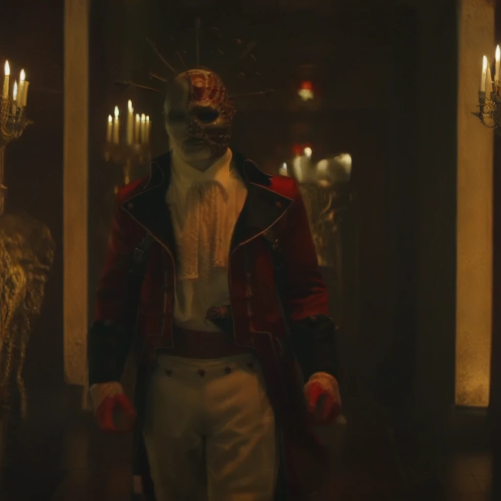 redjackdp, Red Jack walking slowly down a dark, opulent corridor in a Victorian mansion. He wears a red military coat with intricate gold embroidery, a white ruffled shirt, and a skeletal half-mask with an ornate gold spiked crown. His intense gaze is fixed forward, and the shadows cast an eerie glow over his pale, skeletal features. His coat flows as he moves, his white-gloved hands swinging slightly with each step. The dim lighting and gothic atmosphere create a sense of mystery and foreboding as he strides down the hallway.