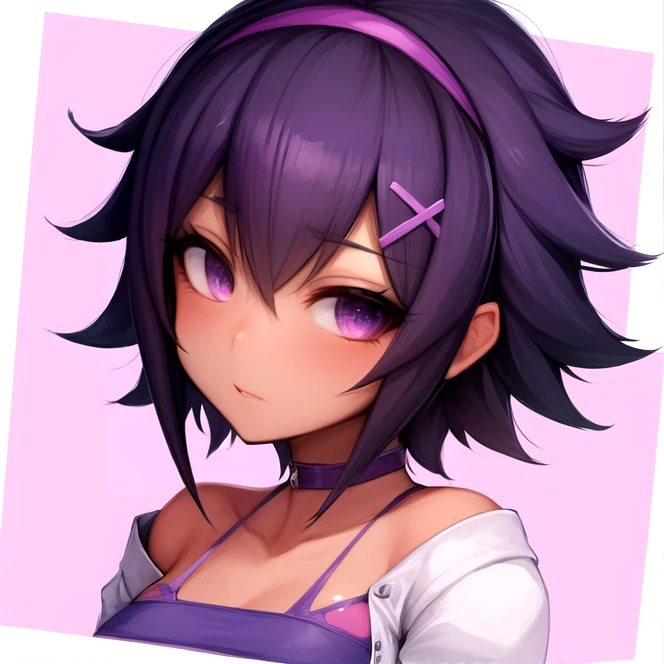 portrait, close-up, solo, <lora:Oofuchi_Himari:0.8> oofuchi_himari, purple eyes, short hair, purple hair, hairband, x hair ornament, tan skin, cropped jacket, white jacket, purple top, purple shirt, thin straps, best quality, ultra high res