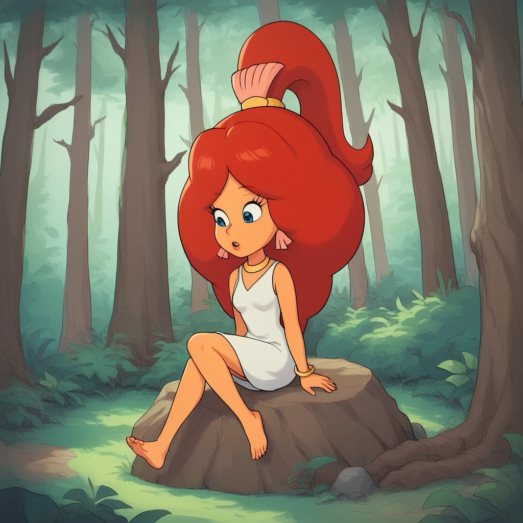 score_9_up, score_8_up, BREAK, PrincessLila, 1girl, solo,  red hair, long hair, big hair, blue eyes, earrings, white dress, barefoot,  <lora:PrincessLila_StopTheSmoggies_PXL_Leaf1:1>, outdoors, forest, sitting on rock,