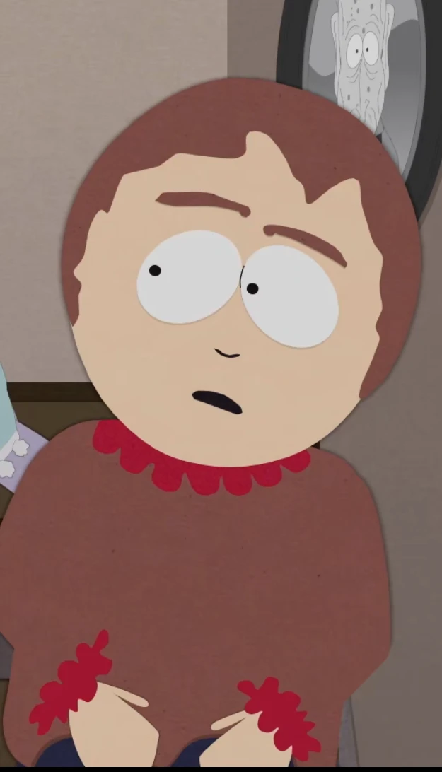 Sharon Marsh from south park, 1girl, solo, short brown hair, black dot eyes
brown sweater with red frilly ruffles on cuffs and the collar, and dark blue jeans