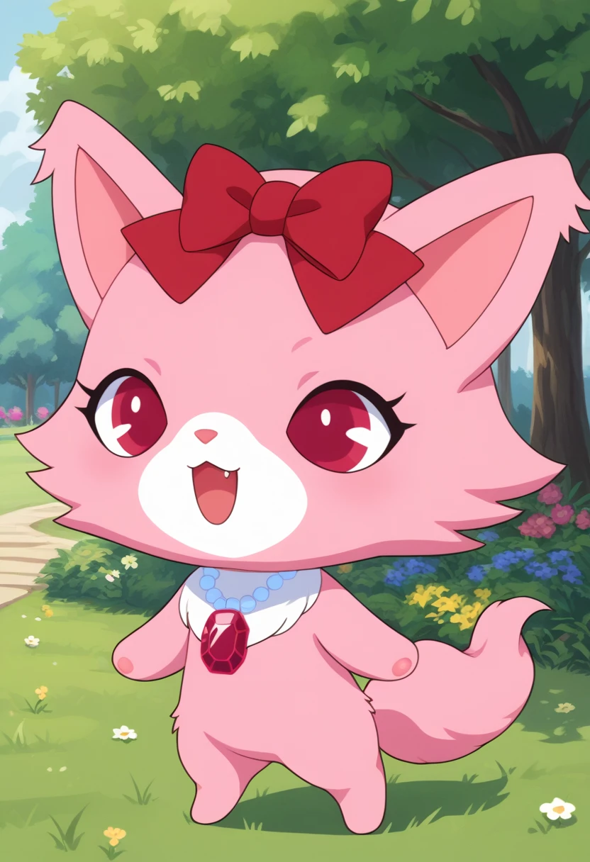 score_9, score_8_up, score_7_up, score_6_up, score_5_up, BREAK
garnet, anthro, female, jewelpet, solo, 1 bow, jewelry, standing, pink fur, (pink chest:1.2), tail, full body, red eyes, flower, hair bow, necklace, red bow, no humans, , cat, grass, gem, , pink paws, park, chibi, open mouth, happy