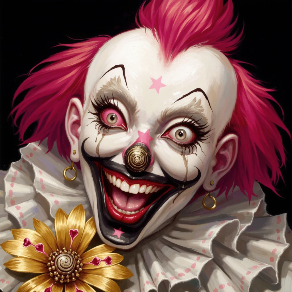 mhus, clown with black spiral makeup around mouth, shiny metal ring on chin, gold flower with red hearts, pink star under eye, pink around eye, two pupils in right eye, grey spiraling around eye with black outline, white and pink hair, white clown suit with tear drops, tear dripping from eye, black background, open mouth, spiral nose