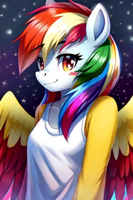 Prompt Masterpiece, score_9, score_8_up, score_7_up, Source furry, Anthro furry rainbow dash, rainbow hair, my little pony character, beautiful eyelashes, blushing, feathered wings