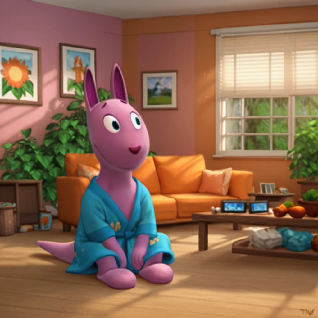 score_9, score_8_up, score_7_up, score_6_up, score_5_up, score_4_up, source_furry, austinroo, anthro, male, kangaroo, purple skin,  living room, sitting, on couch, watching tv, robe, <lora:3c3ba224-bee0-4bee-83d1-5ee99a160e6a:1.0>