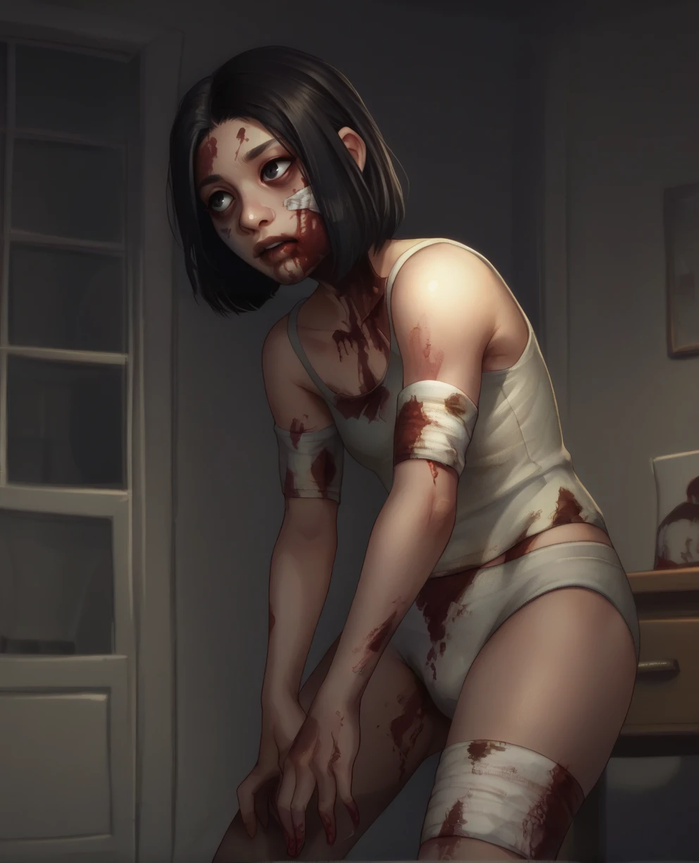 skinny young small thin girl, anorexic, sexy, wet, seductive, flat chest, naked, legs spread, ahegao, crying, full body, giant bite wounds on body, bleeding, bite mark,missing body chunk, wounds open, gangbang large penis, from the side, blowjob, anal