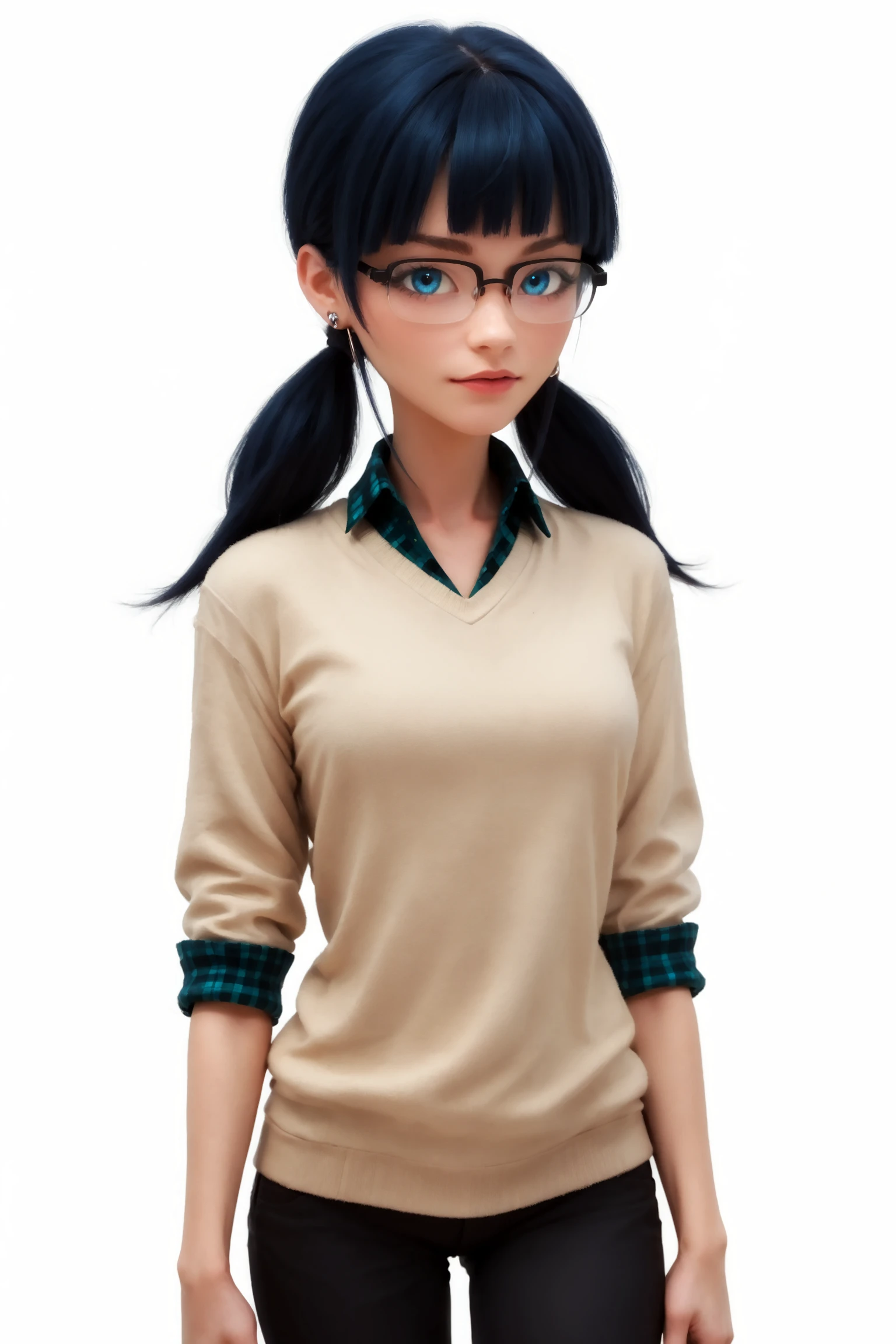 score_9, score_8_up, score_7_up, score_6_up,score_5_up,score_4_up, imtdsocquelinewang, 1girl, glasses, blue hair, twintails, shirt, blue eyes, bangs, black-framed eyewear, semi-rimless eyewear, blunt bangs, over-rim eyewear, earrings, sweater, plaid shirt under sweater, plaid, collared shirt, low twintails, sleeves rolled up, short twintails, capri pants,Expressiveh,concept art,dark theme, rating_questionable.
