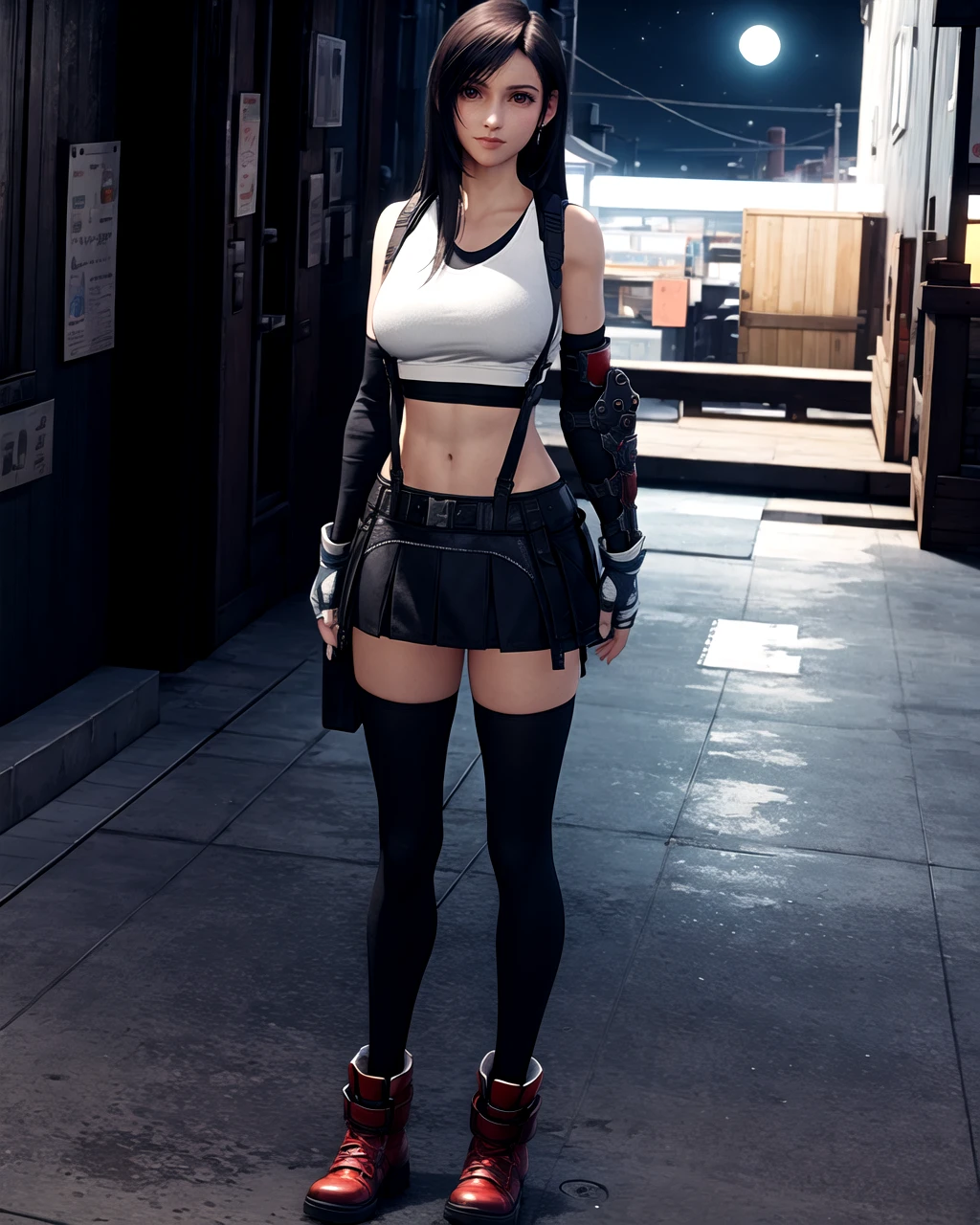 ((masterpiece, best quality;1.3)), ultra detailed, detailed background, tifa lockhart, final fantasy vii remake, ankle boots, red footwear, black skirt, suspender skirt, black thighhighs, white tank top, crop top, elbow gloves, single elbow pad, head rest, fingerless gloves, gloves, black hair, very long hair, big breasts, detailed eyes, ultra detailed eyes, suspenders, standing with back, full length, sports bra, outside, industrial zone background, narrow street, night, puddles on asphalt, reflection, small moon in sky, starry, after rain, fit body, <lora:Tifa-Lockhart-Final-Fantasy-VII-Remake-Intergrade-SD15:0.8>