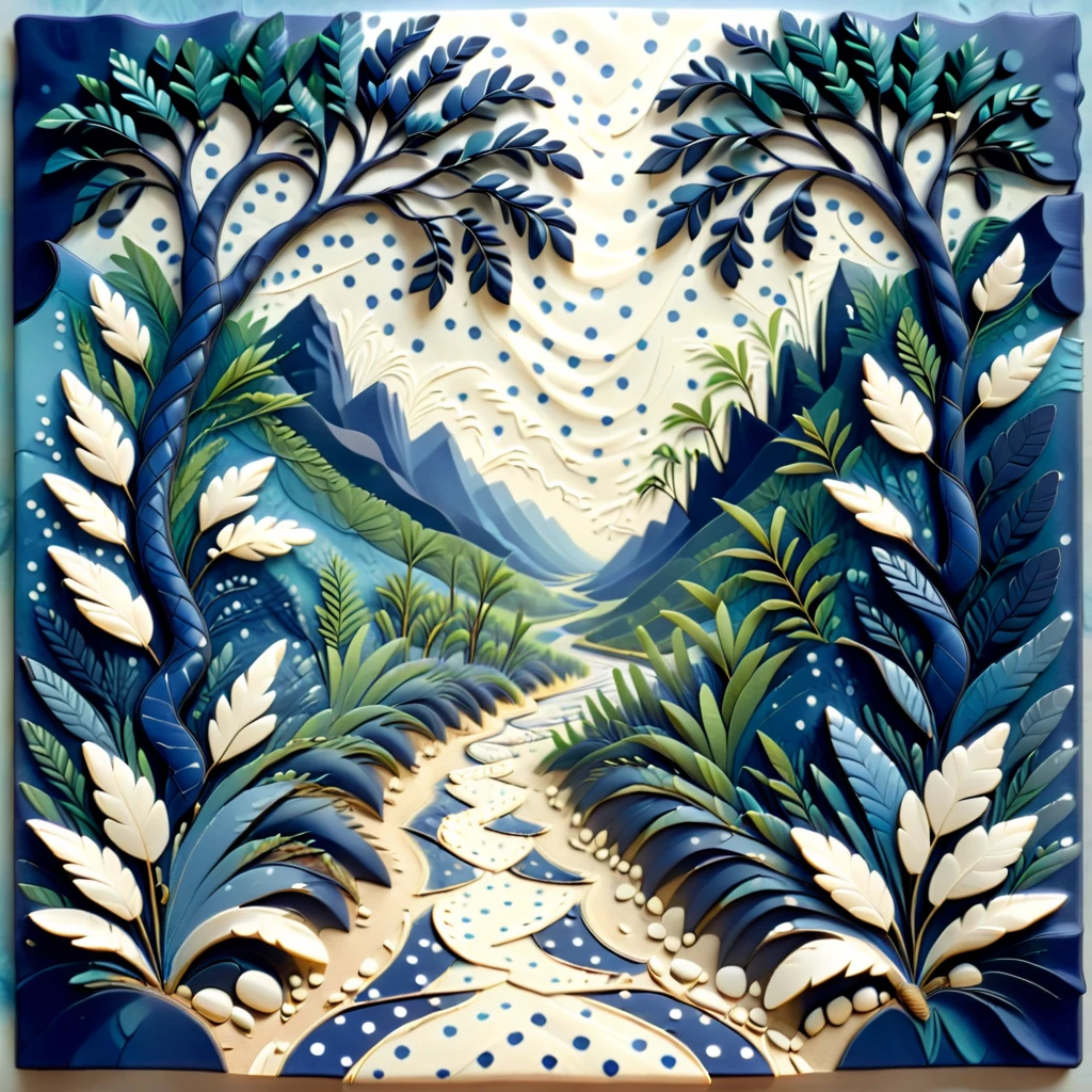 abstract nature print, oasis, zigzags, mixed media, cotton, folk art style, Vignette, shades of indigo, polka dot pattern,  vignette effect, bevel accents, organic overlap, smooth texture, polished finish <lora:artfully_DEPTHMAP:0.8>,  depth map, in the style of carved relief, embossing, encaustic, papercraft,