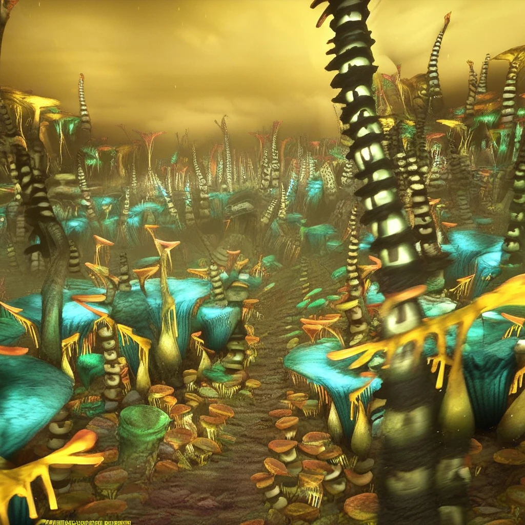 alien planet, alien flora, dark yellow sky, fungus forest, mushroom field, bioluminescent, pitcher plant