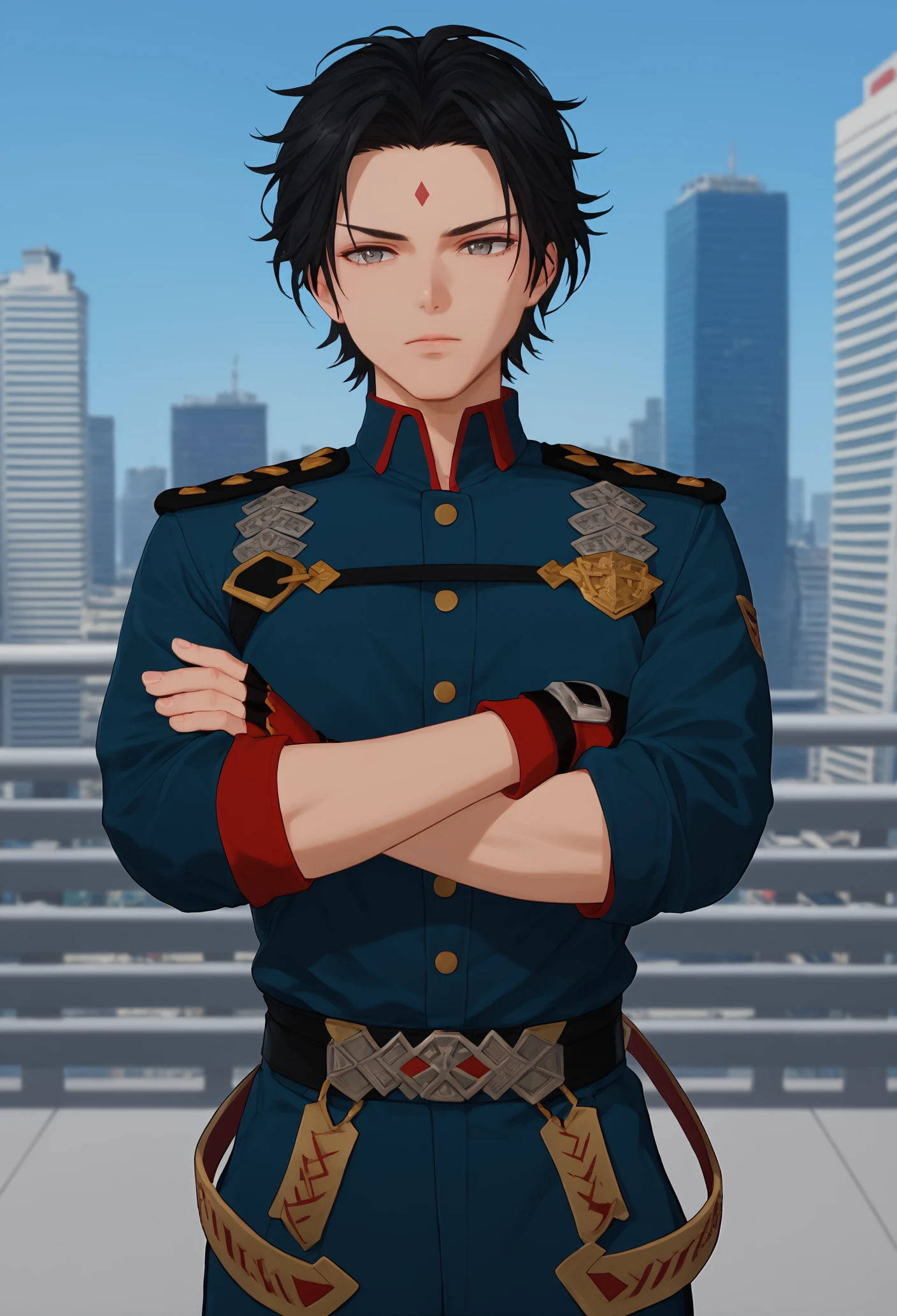 score_9, score_8_up, score_7_up, source_anime, rating_explicit, depth of field, city background, 
male focus, 1boy, crossed arms,  
,  baili, 1boy, male focus, black hair, braid, grey eyes, forehead mark, military uniform, red fingerless gloves,<lora:add-detail-xl:1>,<lora:baili:1>