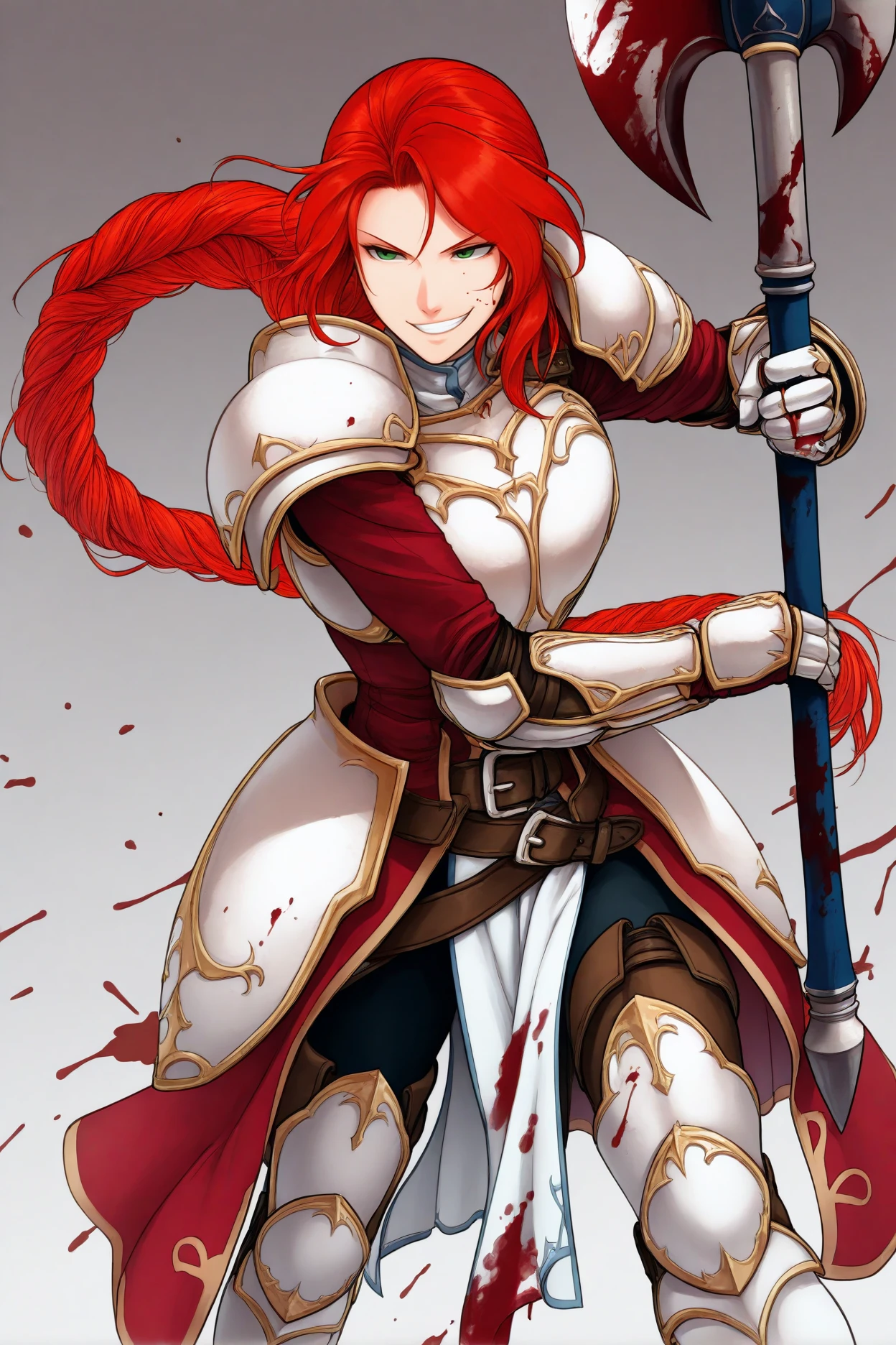 masterpiece, best quality, 1girl, solo,  <lora:fetitania-illu-nvwls-v1-000005:1> dfttna, red hair, braided ponytail, green eyes, armor, shoulder armor, red coat, gauntlets, belt, pelvic curtain, pants, armored boots, dynamic pose, holding a huge axe, smirk, grin, blood splatter, blood