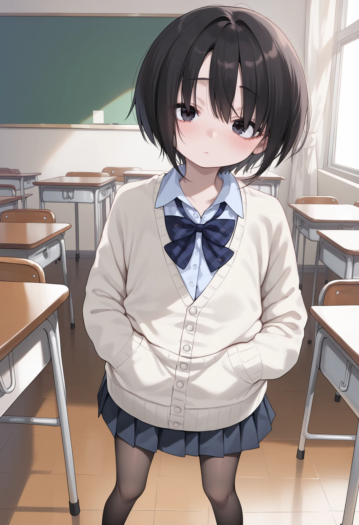 (score_9,score_8_up,score_7_up,source_anime,(masterpiece:1.2),best quality,very aesthetic,public indecency,absurdres),masterpiece,best quality,very aesthetic,absurdres,1girl,solo,
<lora:kurose_p_v1:1>,kurose,black hair,short hair,black eyes,c_clothes,school uniform,plaid bowtie,cardigan,sleeves past wrists,black pleated skirt,black_pantyhose,uwabaki,<lora:Fixhands_anime_bdsqlsz_V1:1>,
full body,indoors,book,desk,classroom,school desk,chair,blue skirt,open book,dynamic_angle,cinematic_angle,looking_at_viewer,expressionless,spread legs,light_blush,shy,standing,hand_on_own_chest,head_tilt,, masterpiece,best quality, very aesthetic, absurdres, ultra detailed, high resolution, 4k, extremely detailed CG,