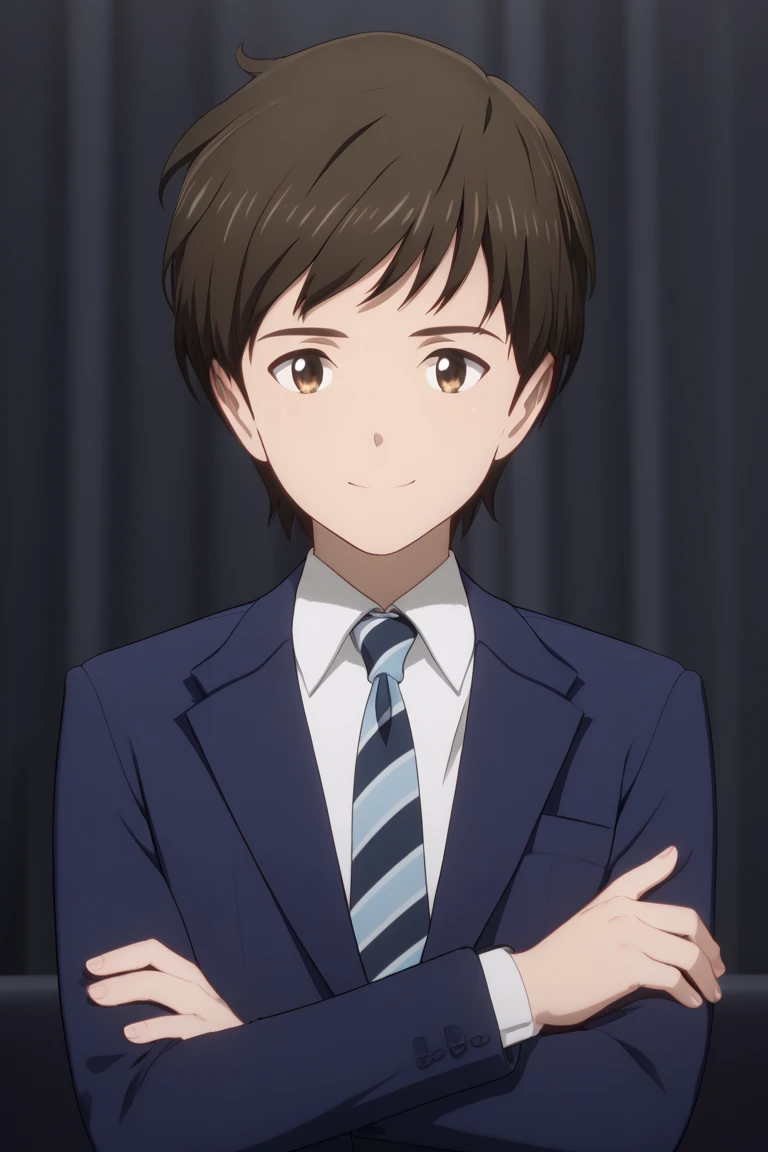 score_9, score_8_up, score_7_up, score_6_up, score_5_up, score_4_up, nakamurap, brown hair, brown eyes, 1boy, male focus, crossed arms, solo, necktie, smile, formal, parody, suit, upper body, striped, looking at viewer, striped necktie, blue necktie