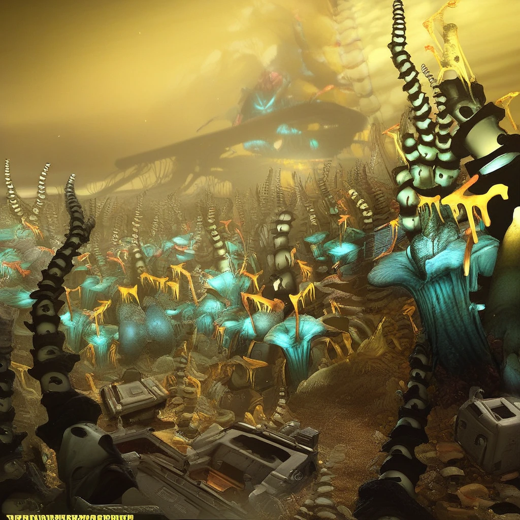 alien planet, alien flora, dark yellow sky, fungus forest, spaceship wreck, pitcher plant, bioluminescent