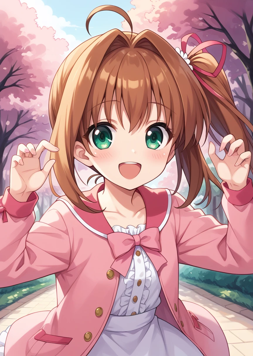 score_9, score_8_up, score_7_up, score_6_up, score_5_up, BREAK
Akar1, human, female, 1girl, solo, looking at viewer,side ponytail, blush, open mouth, brown hair, bow, ribbon, shirt, green eyes, hair ribbon, upper body, ahoge, :D, happy, smile, pink bow, pink jacket, dynamic pose, skirt, park, pink theme