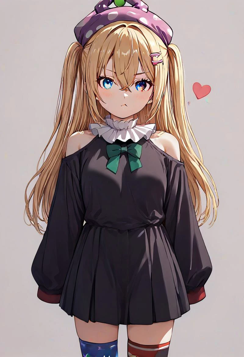 zPDXL3, score_9, score_8_up, score_7_up, source_anime, 1girl, very long hair,long hair,brown hair,two side up,hair bow,red bow,hairclip,heart hair ornament,hair between eyes,bangs,blue eyes, green bow on neck, black dress, short dress, (bare shoulder:1.4), white frilled trim, puffy long sleeves,sleeves past wrists, black socks, black loafers, standing, looking at viewer top down close-up, clownpiece, jester cap, neck ruff, blonde hair, long hair, american flag legwear, american flag dress, red eyes, short sleeves