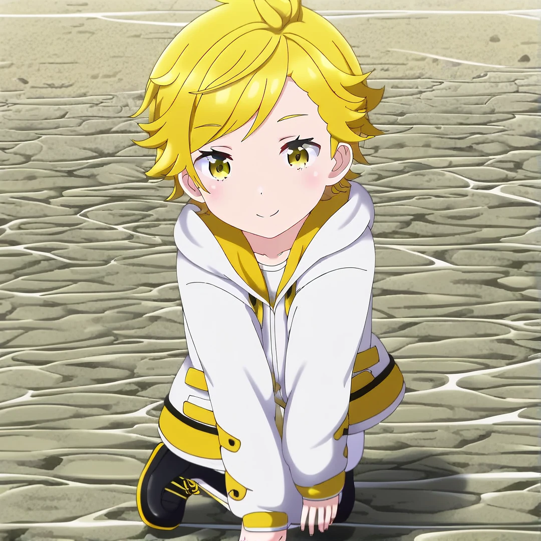 1boy, tall, adult, wears a white hoodie, white jogging pants, black shoes, multicolored hair, yellow hair, white hair, yellow eyes, cute face, yellow waistcoat with sleeves, beautiful scenery, solo, close up